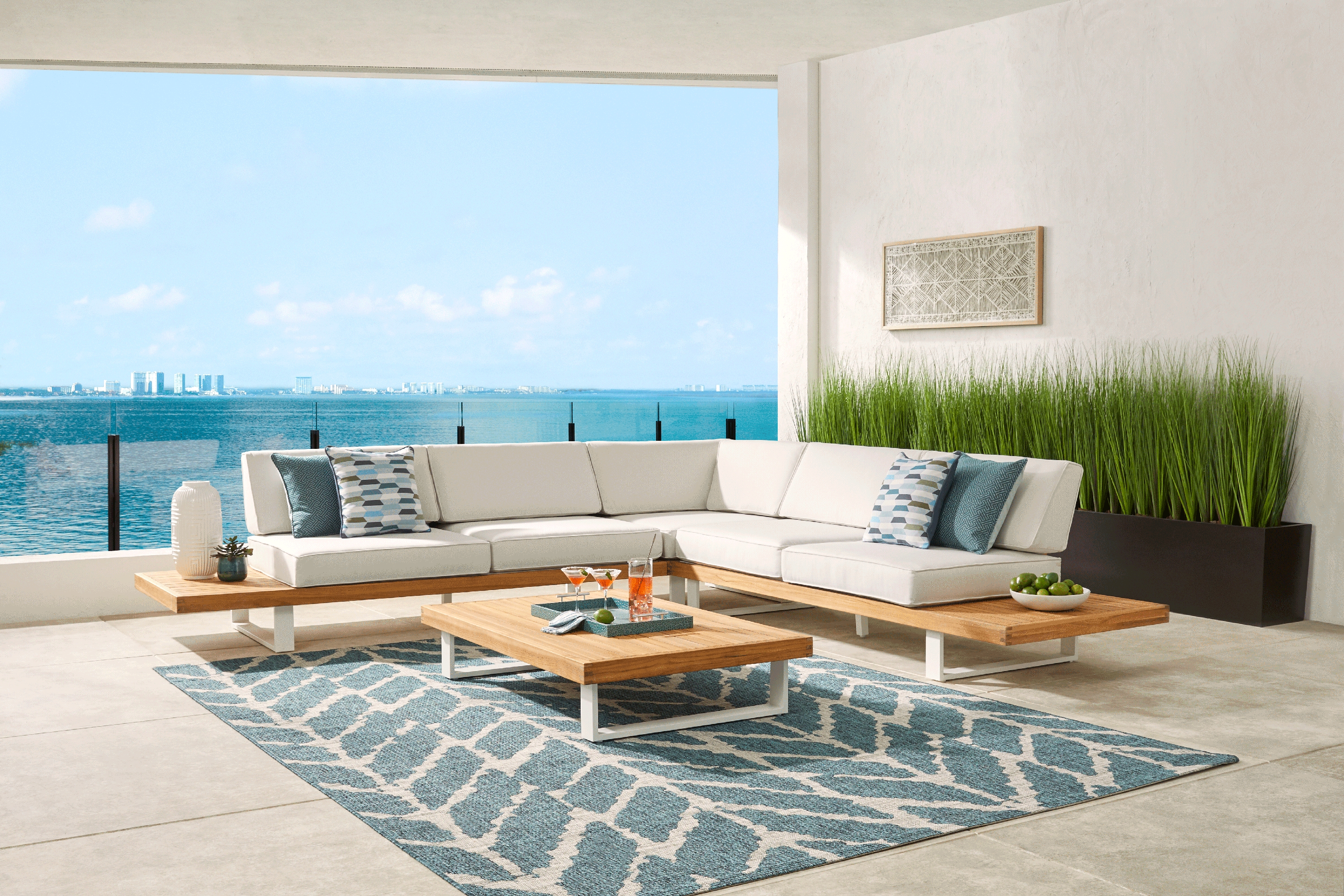 Platform 4 Pc Outdoor Sectional Seating Set with White Sand Cushions - Thumbnail - Image 1