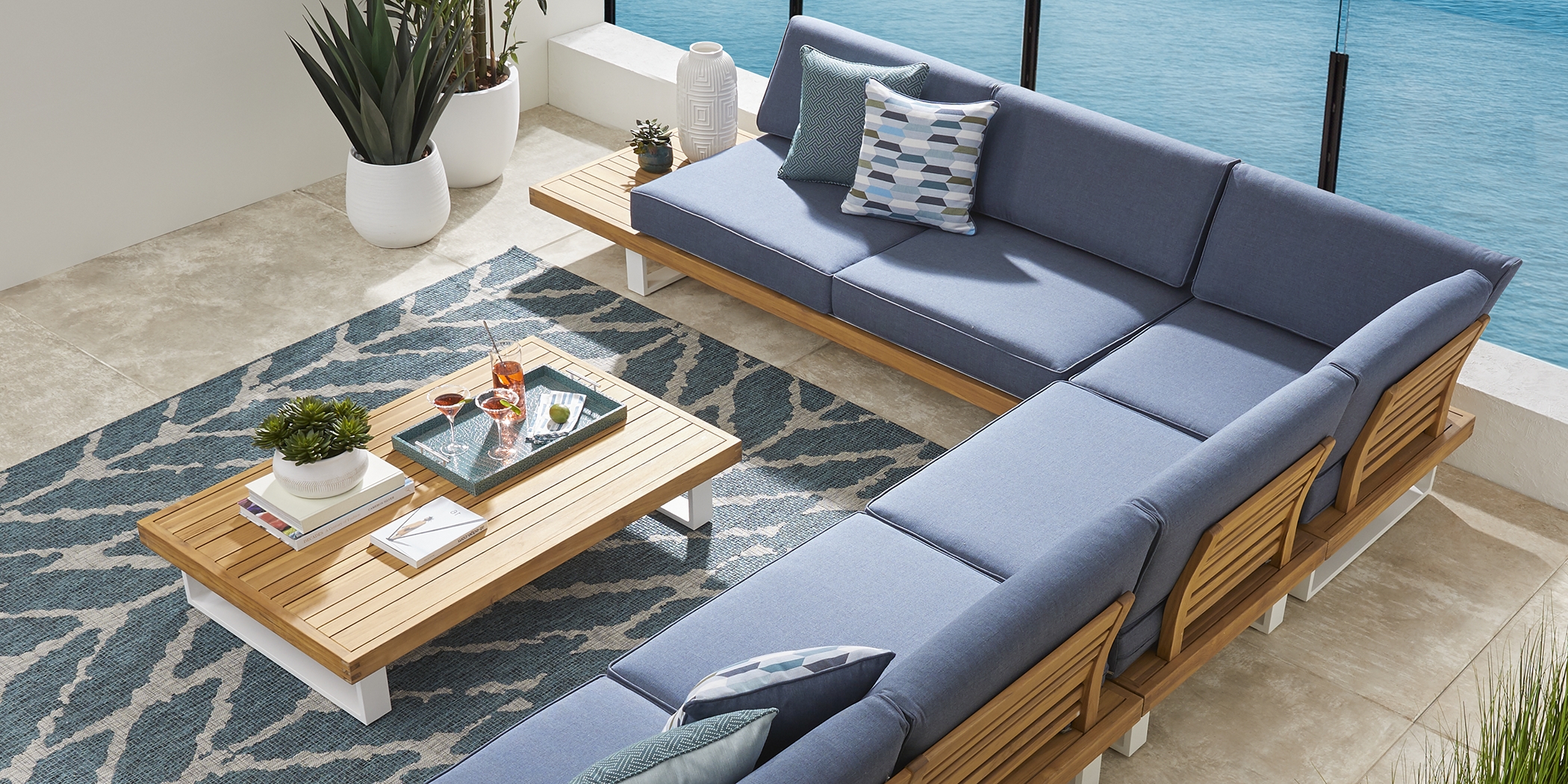 Platform 5 Pc Outdoor Sectional Seating Set with Denim Cushions - Thumbnail - Image 2