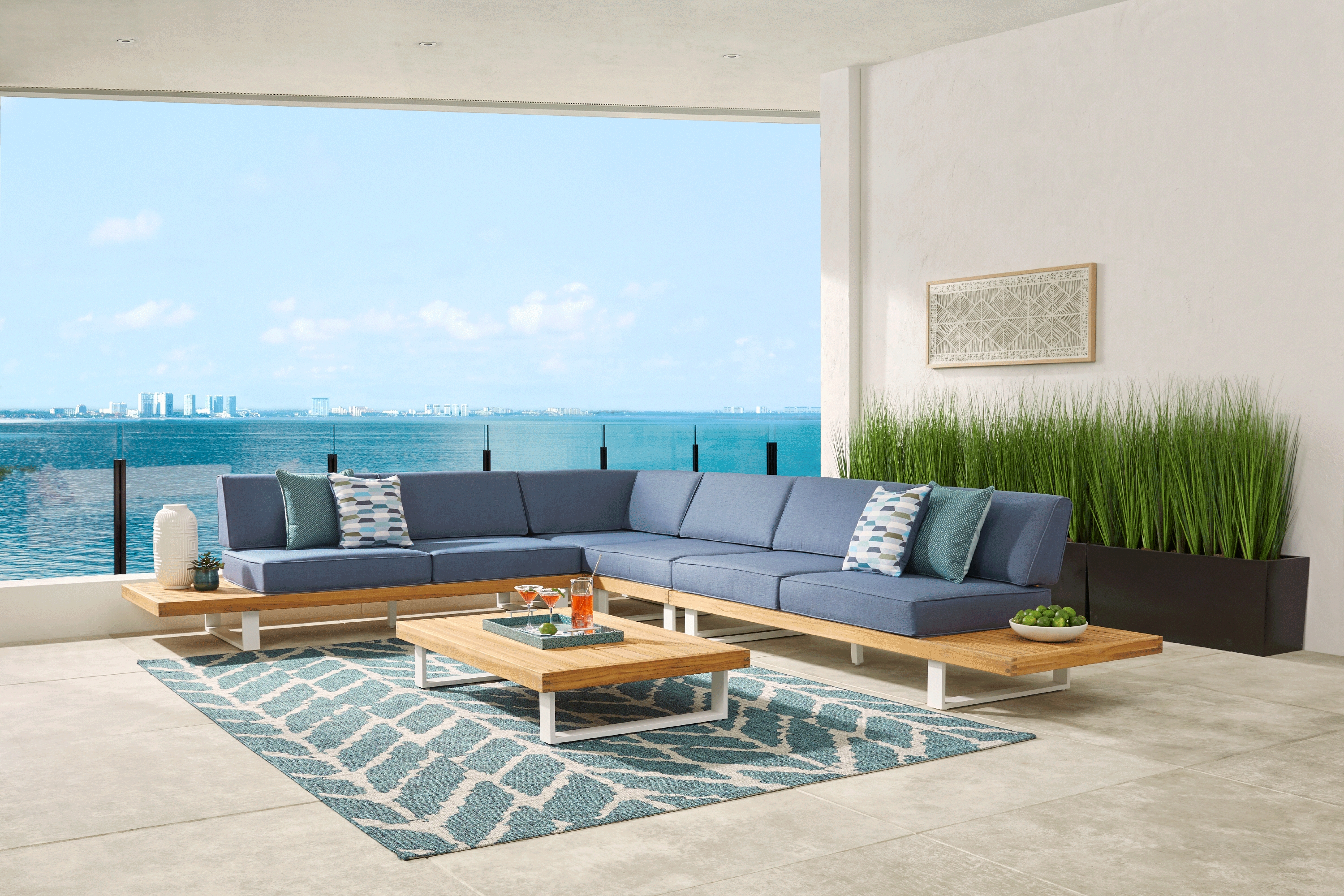 Platform 5 Pc Outdoor Sectional Seating Set with Denim Cushions - Thumbnail - Image 1