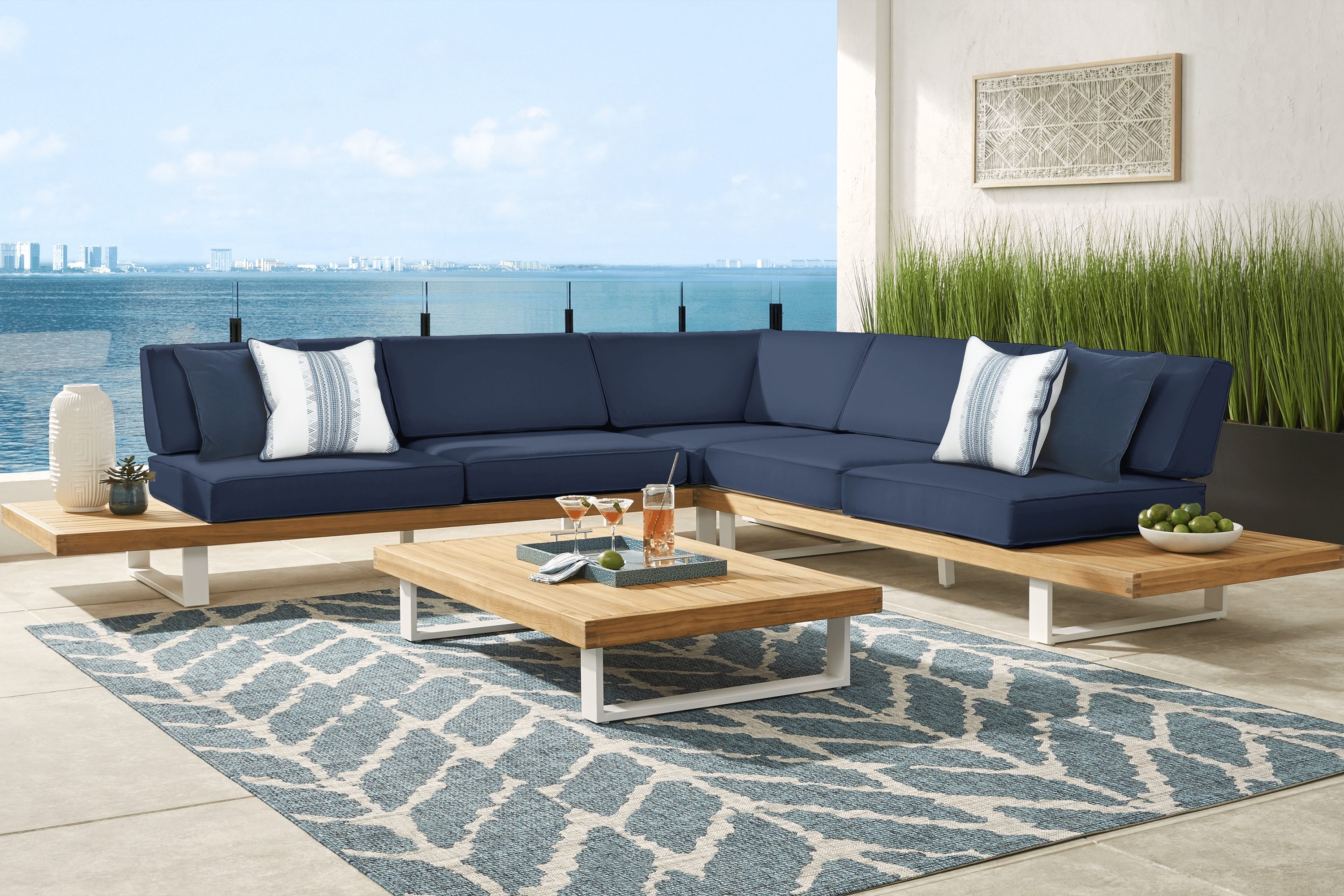 Platform Teak 3 Pc Outdoor Sectional with Ink Cushions - Thumbnail - Image 2
