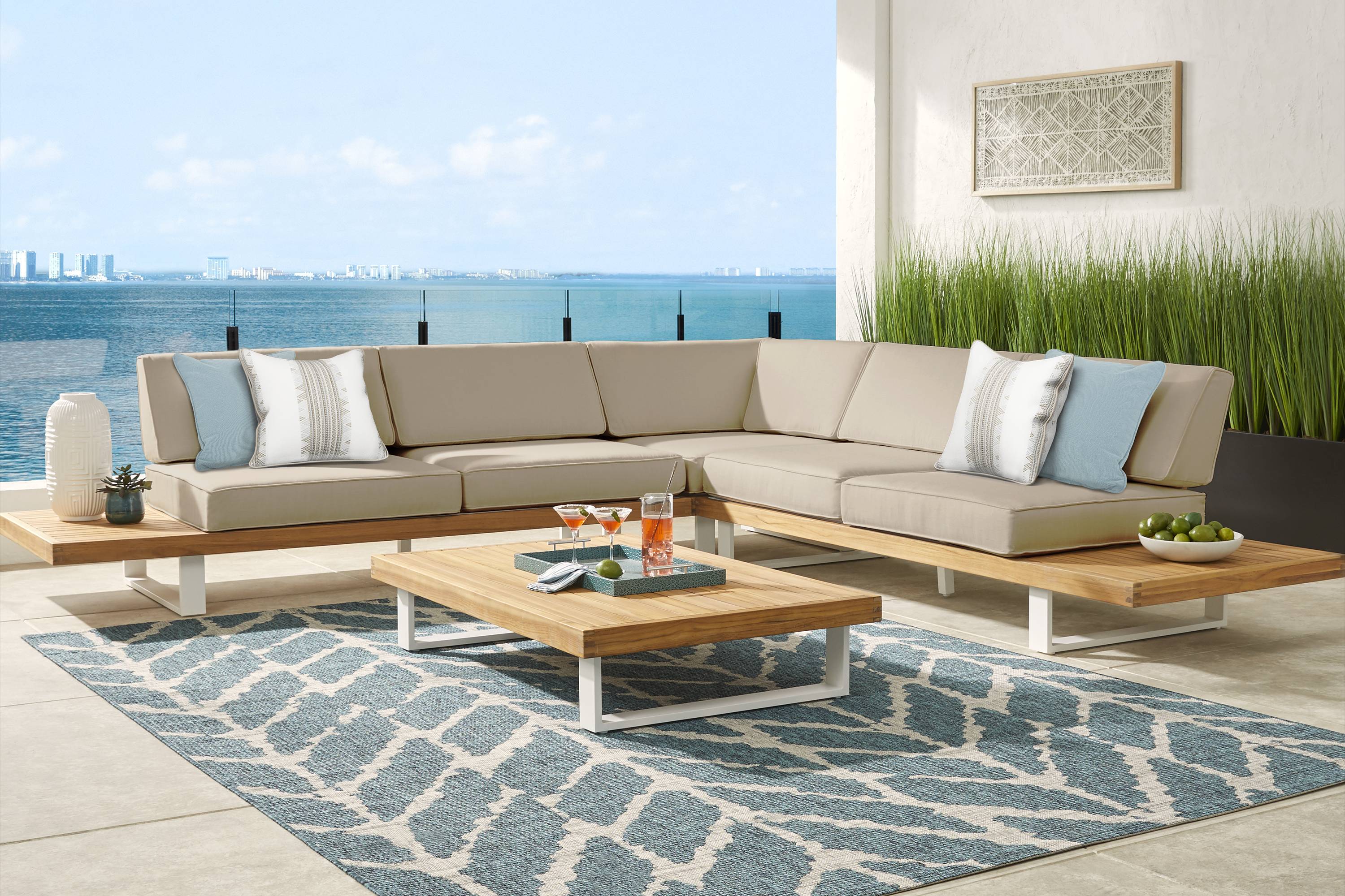 Platform Teak 3 Pc Outdoor Sectional with Pebble Cushions - Thumbnail - Image 2
