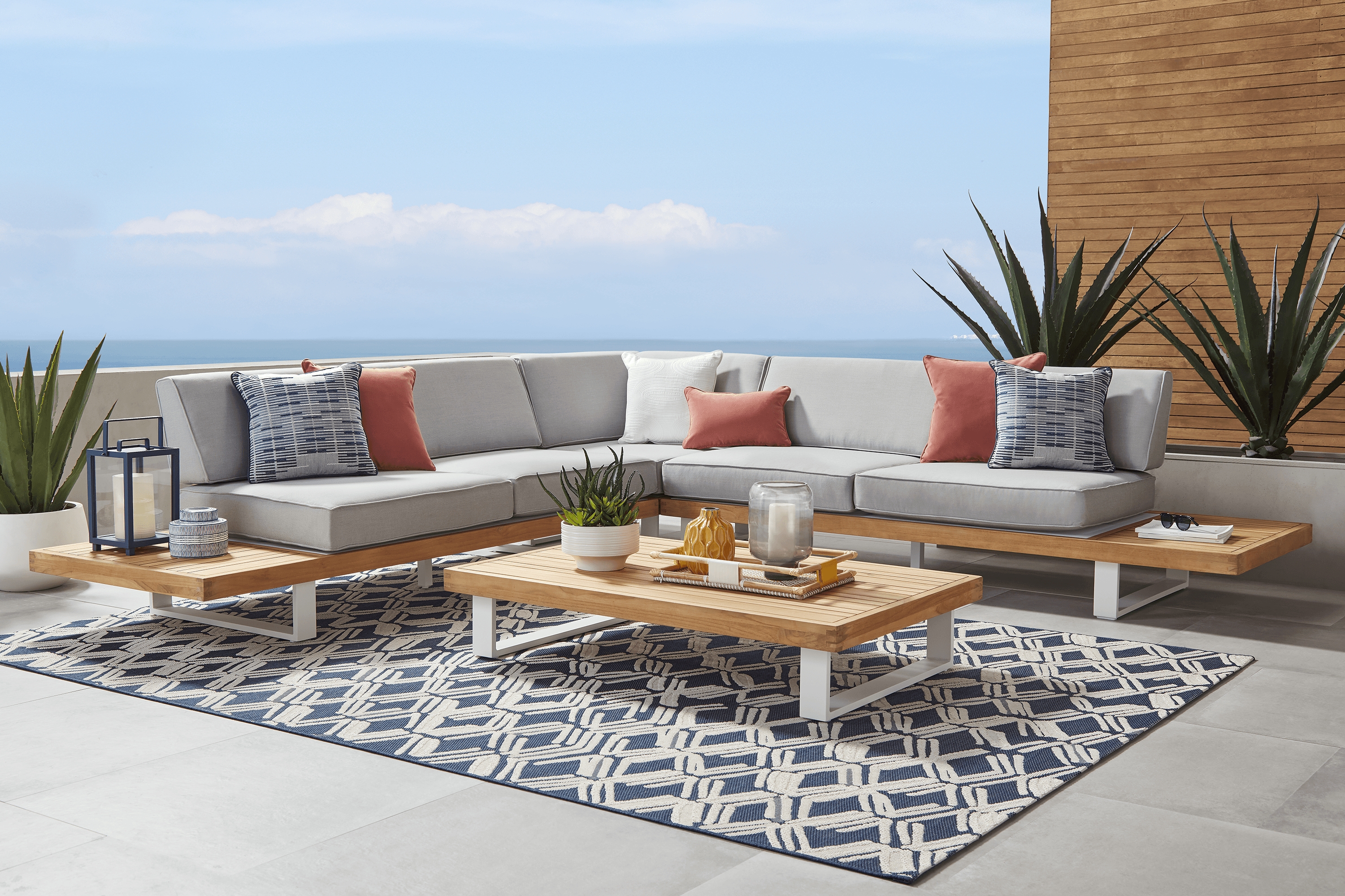 Platform Teak 3 Pc Outdoor Sectional with Pewter Cushions - Thumbnail - Image 2