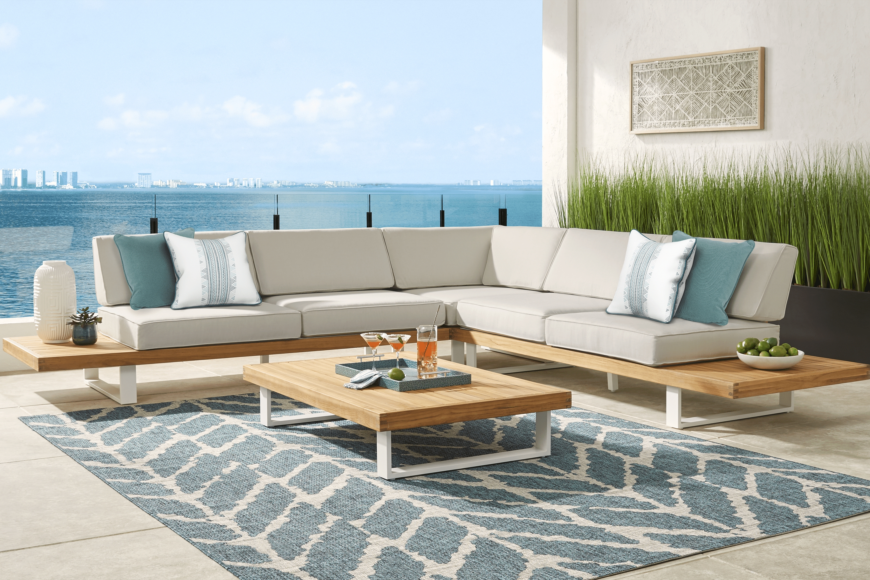 Platform Teak 3 Pc Outdoor Sectional with Rollo Linen Cushions - Thumbnail - Image 2