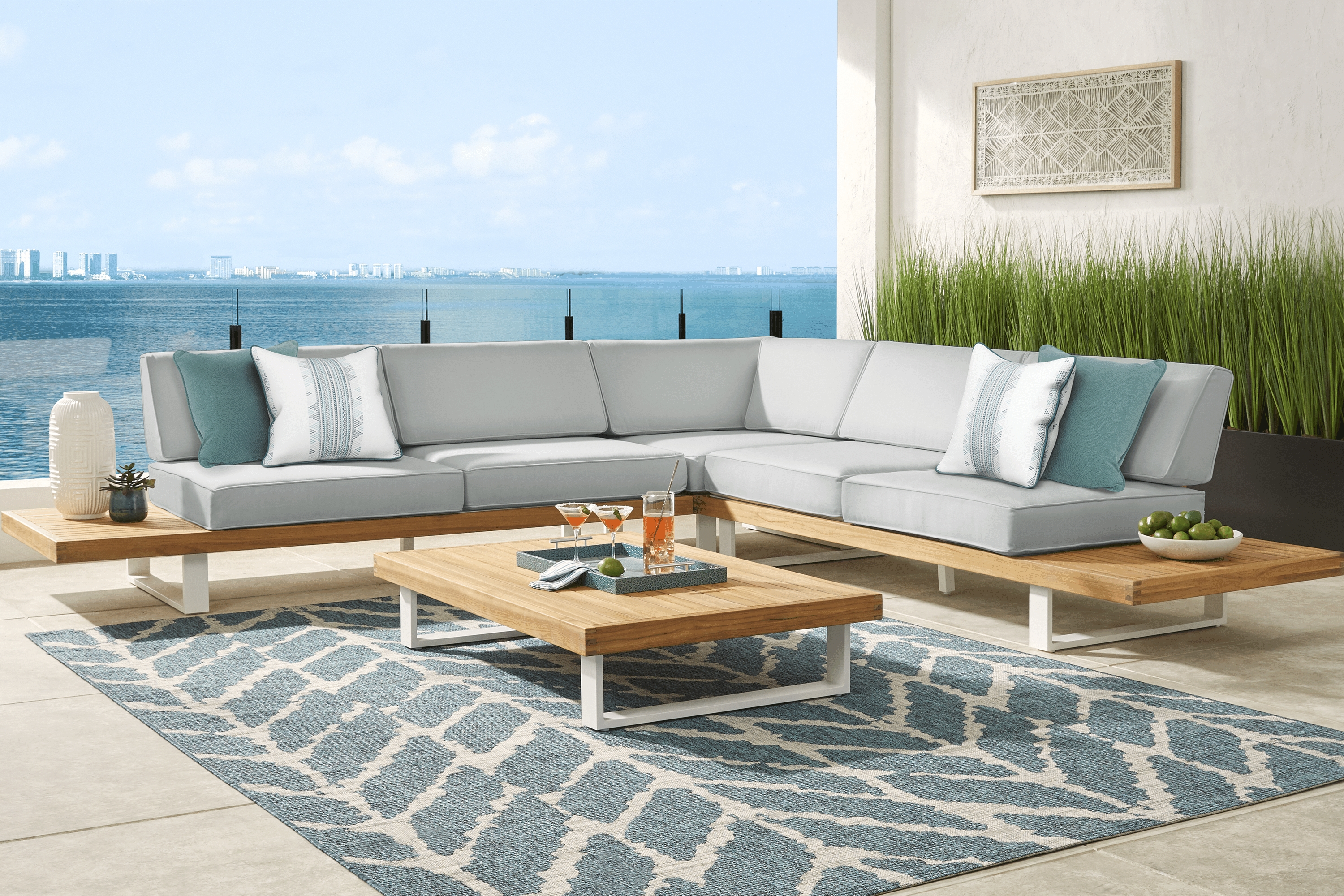 Platform Teak 3 Pc Outdoor Sectional with Rollo Mist Cushions - Thumbnail - Image 2
