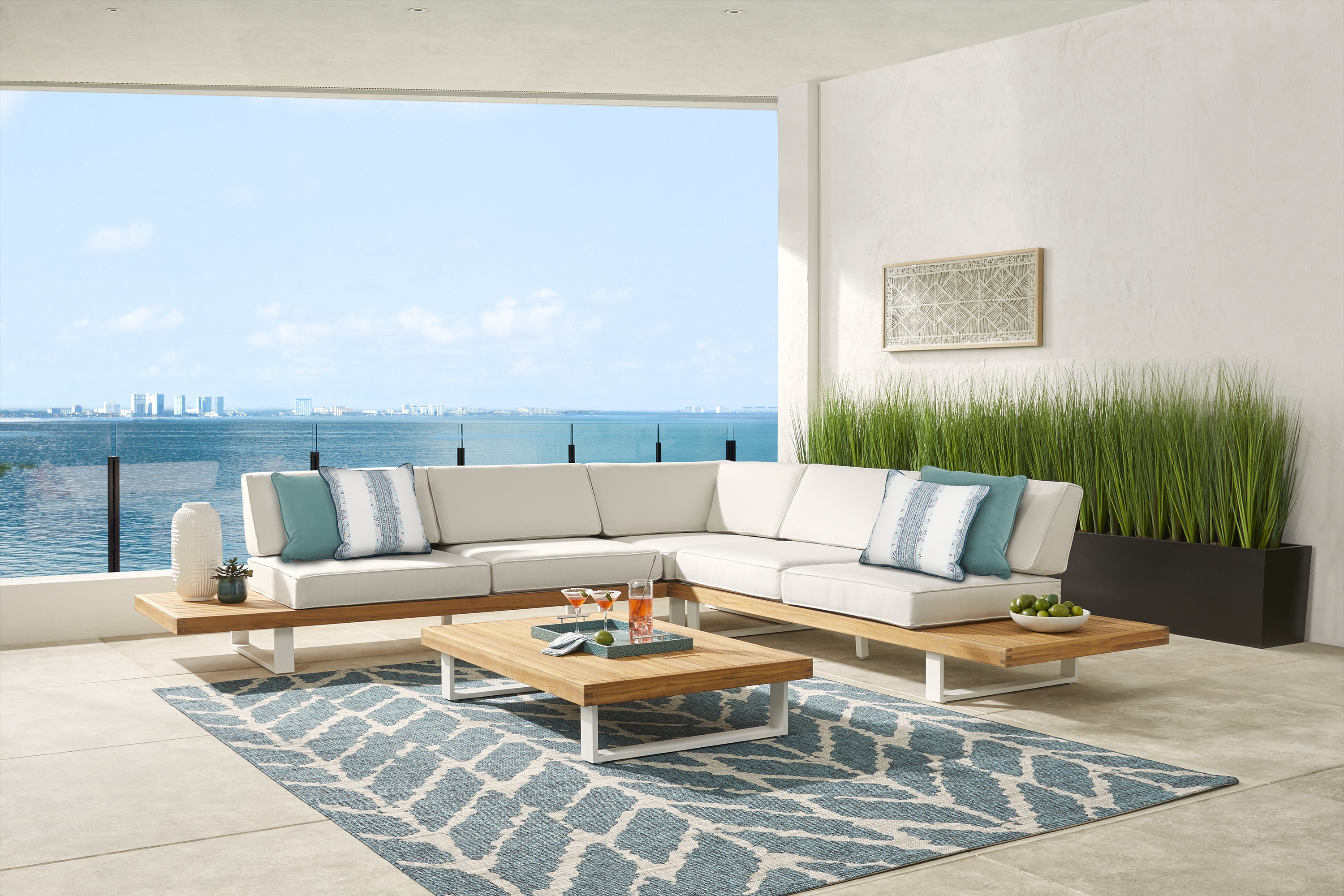 Platform Teak 3 Pc Outdoor Sectional with White Sand Cushions - Thumbnail - Image 2