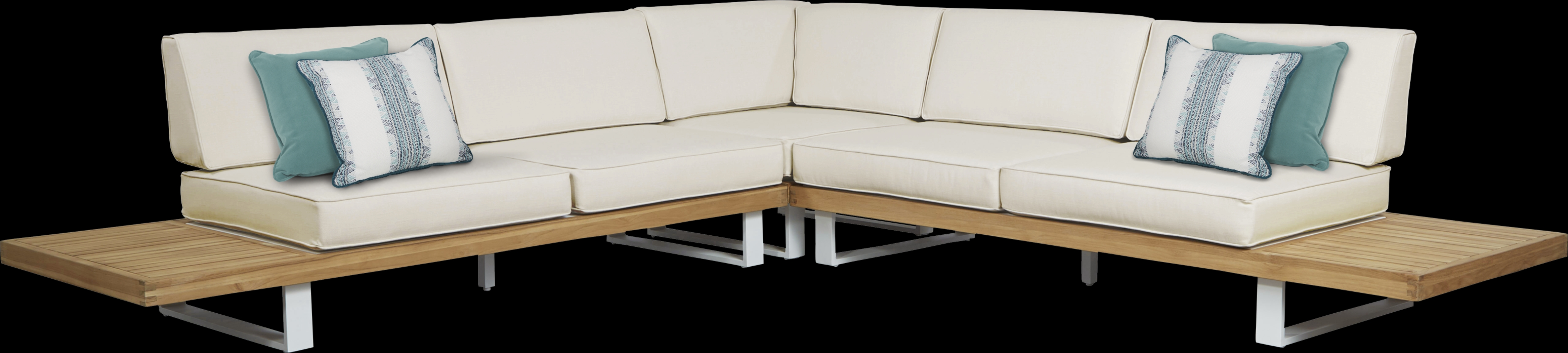 Platform Teak 3 Pc Outdoor Sectional with White Sand Cushions - Thumbnail - Image 1