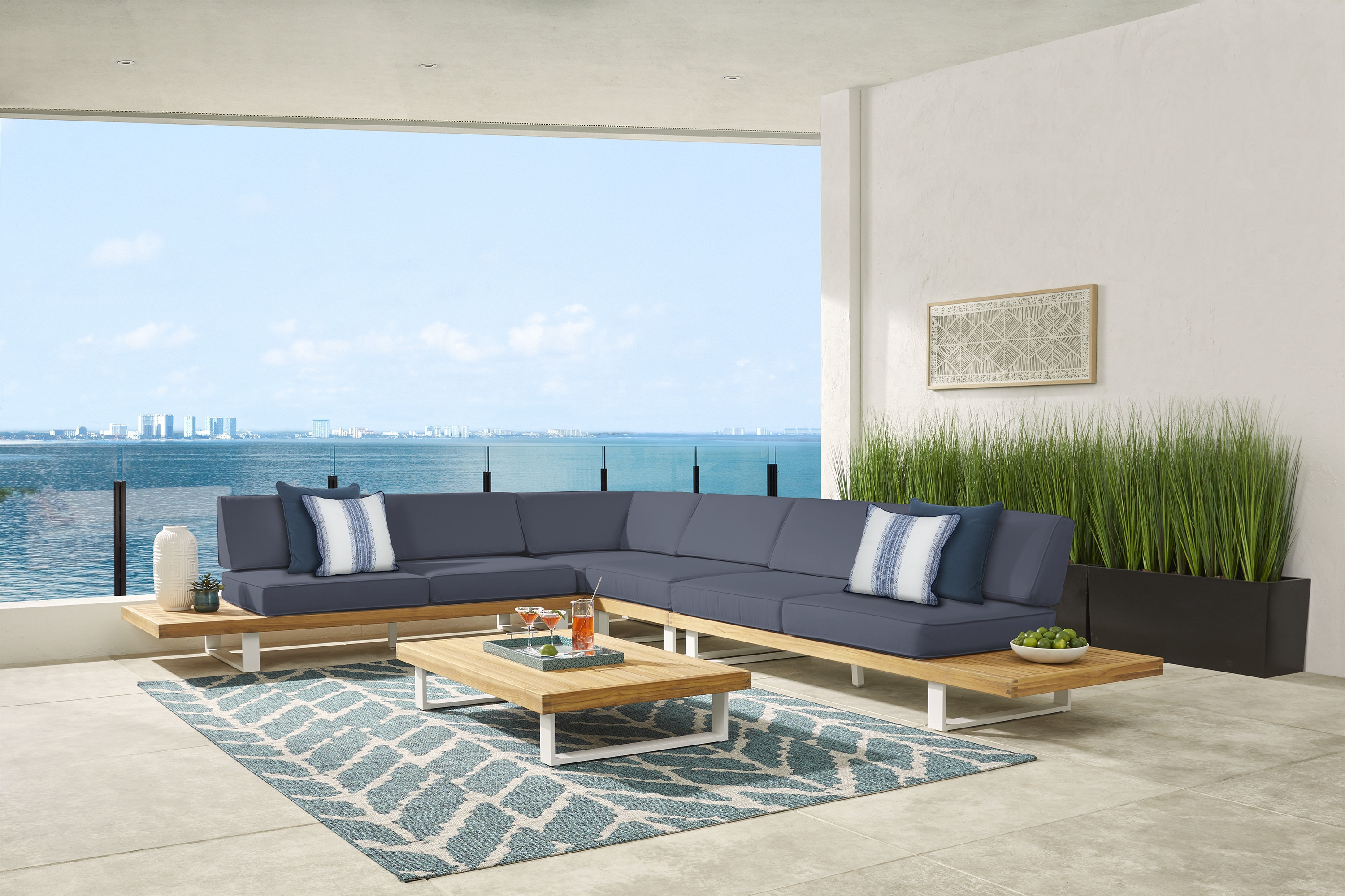 Platform Teak 4 Pc Outdoor Sectional with Denim Cushions - Thumbnail - Image 2