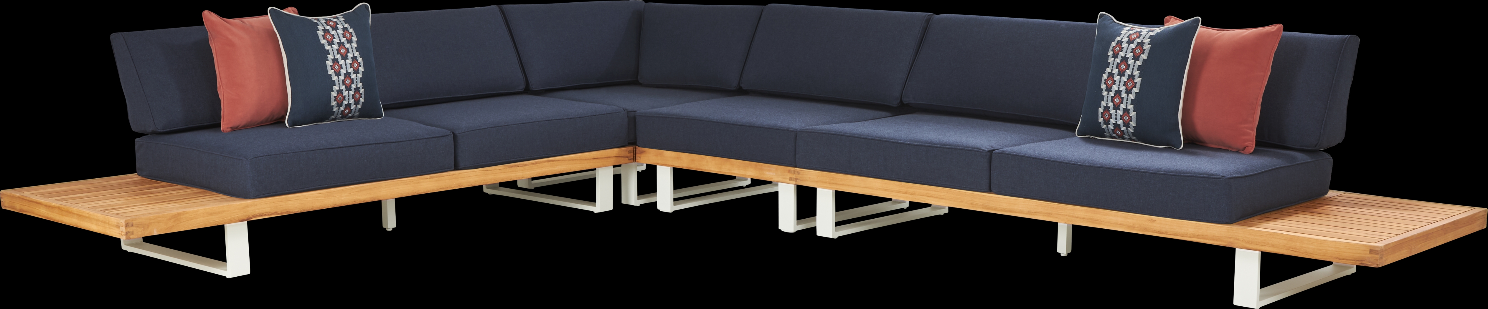 Platform Teak 4 Pc Outdoor Sectional with Indigo Cushions - Thumbnail - Image 1