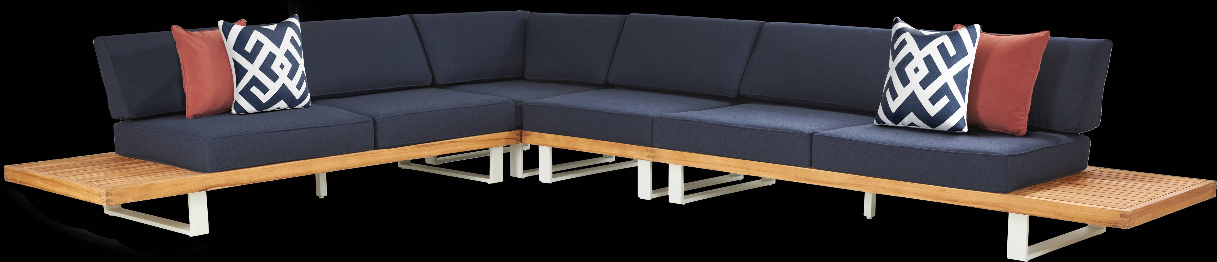 Platform Teak 4 Pc Outdoor Sectional with Indigo Cushions - Thumbnail - Image 1