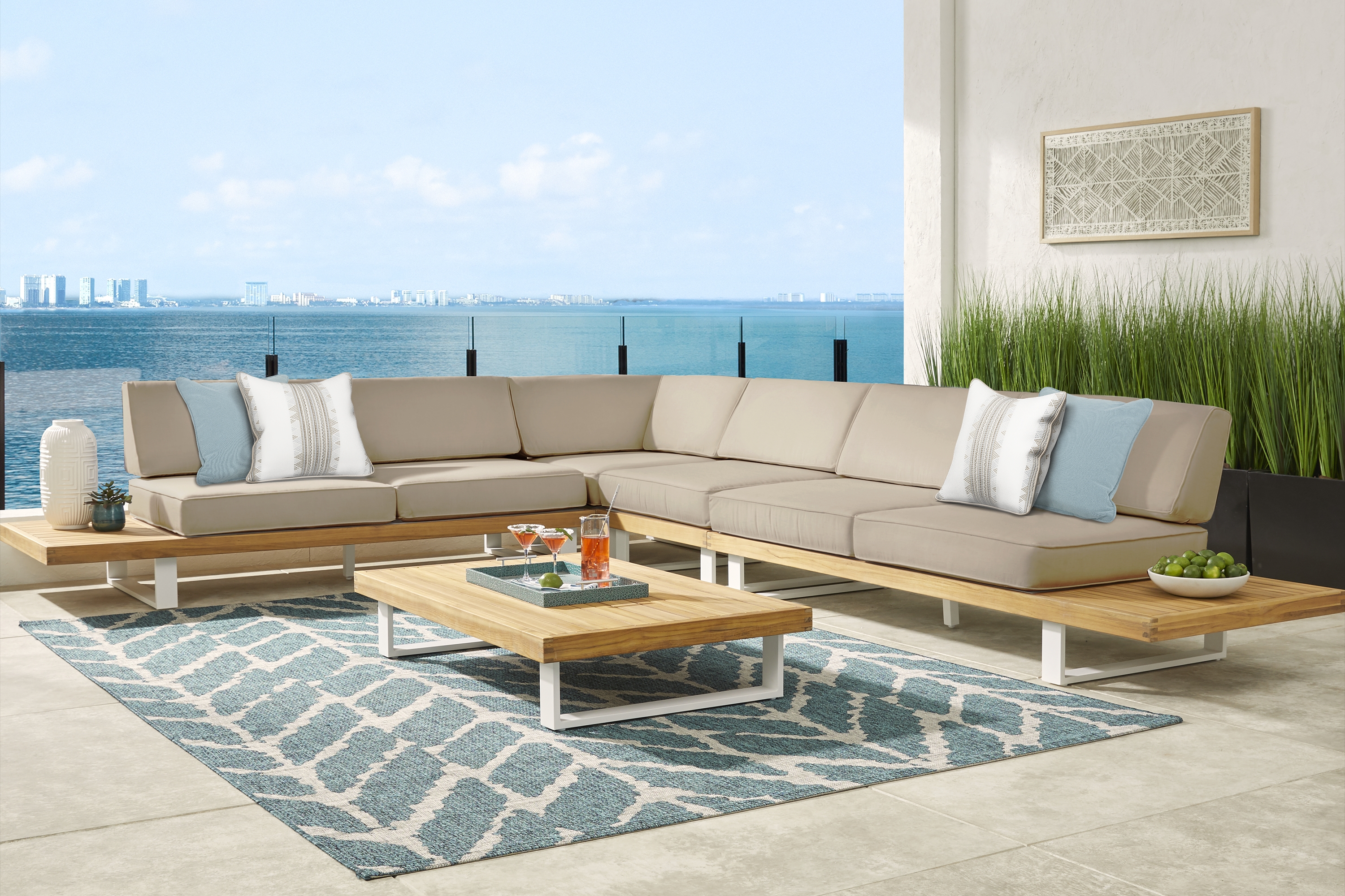 Platform Teak 4 Pc Outdoor Sectional with Pebble Cushions - Thumbnail - Image 2