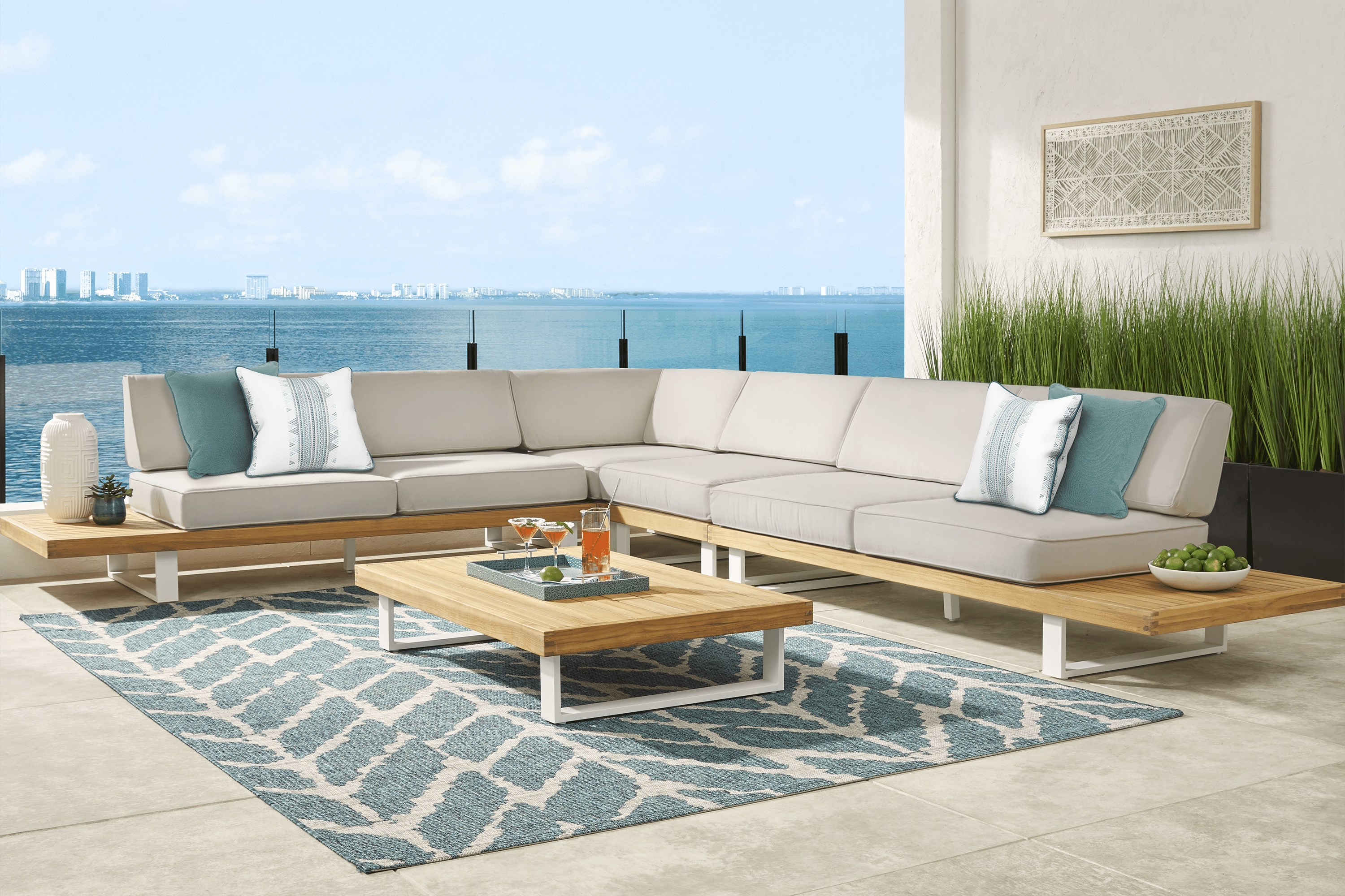 Platform Teak 4 Pc Outdoor Sectional with Rollo Linen Cushions - Thumbnail - Image 2