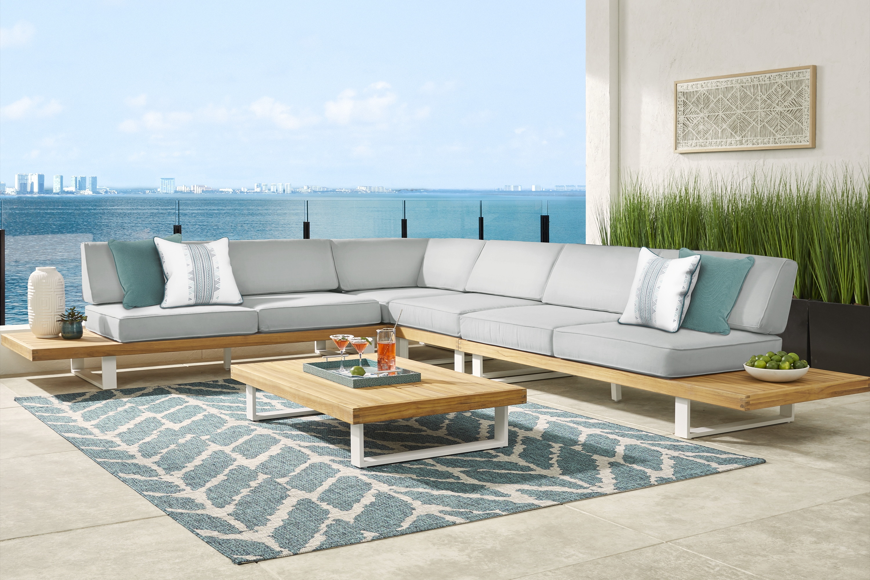 Platform Teak 4 Pc Outdoor Sectional with Rollo Mist Cushions - Thumbnail - Image 2