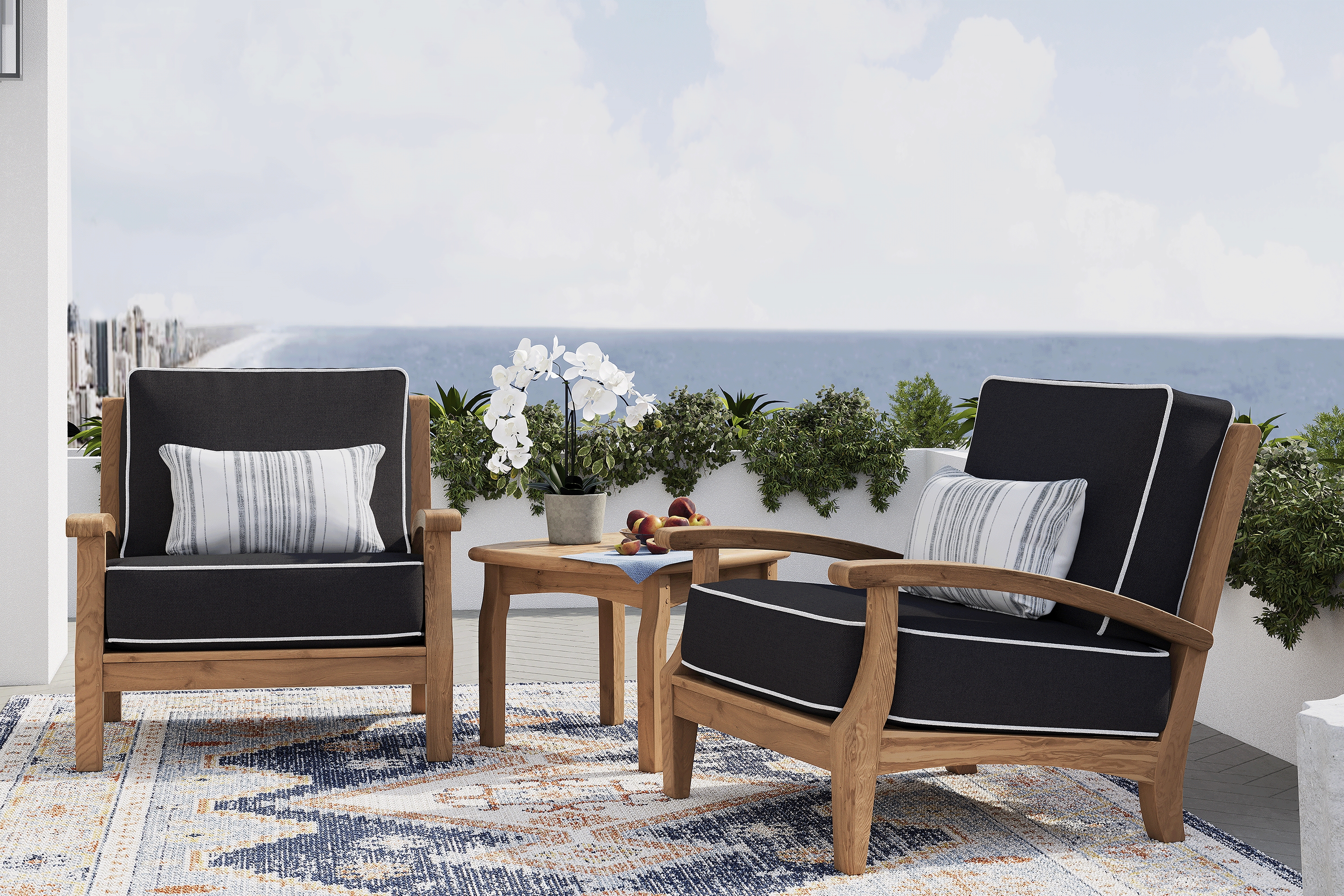 Pleasant Bay 3 Pc Teak Outdoor Seating Set with Charcoal Cushions - Thumbnail - Image 1