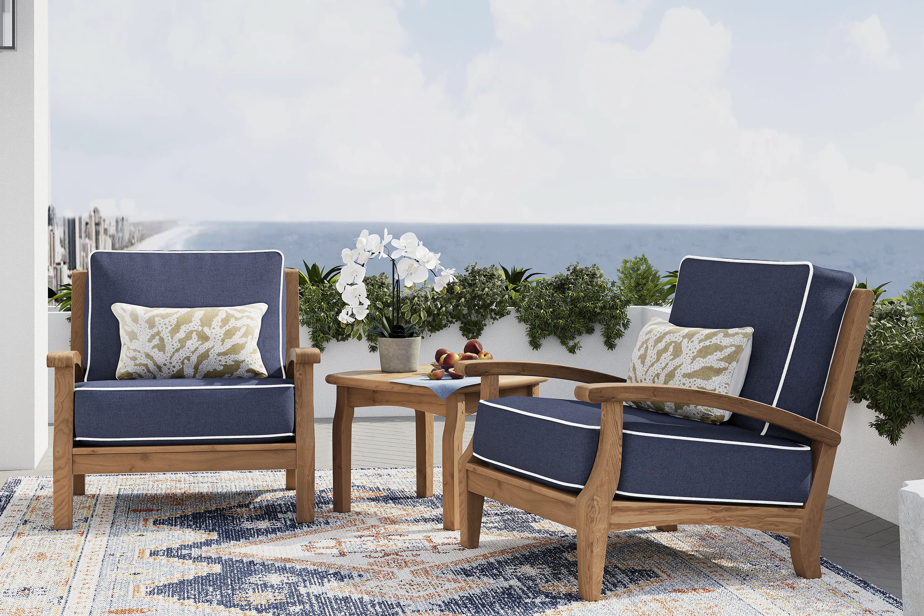 Pleasant Bay 3 Pc Teak Outdoor Seating Set with Indigo Cushions - Thumbnail - Image 1