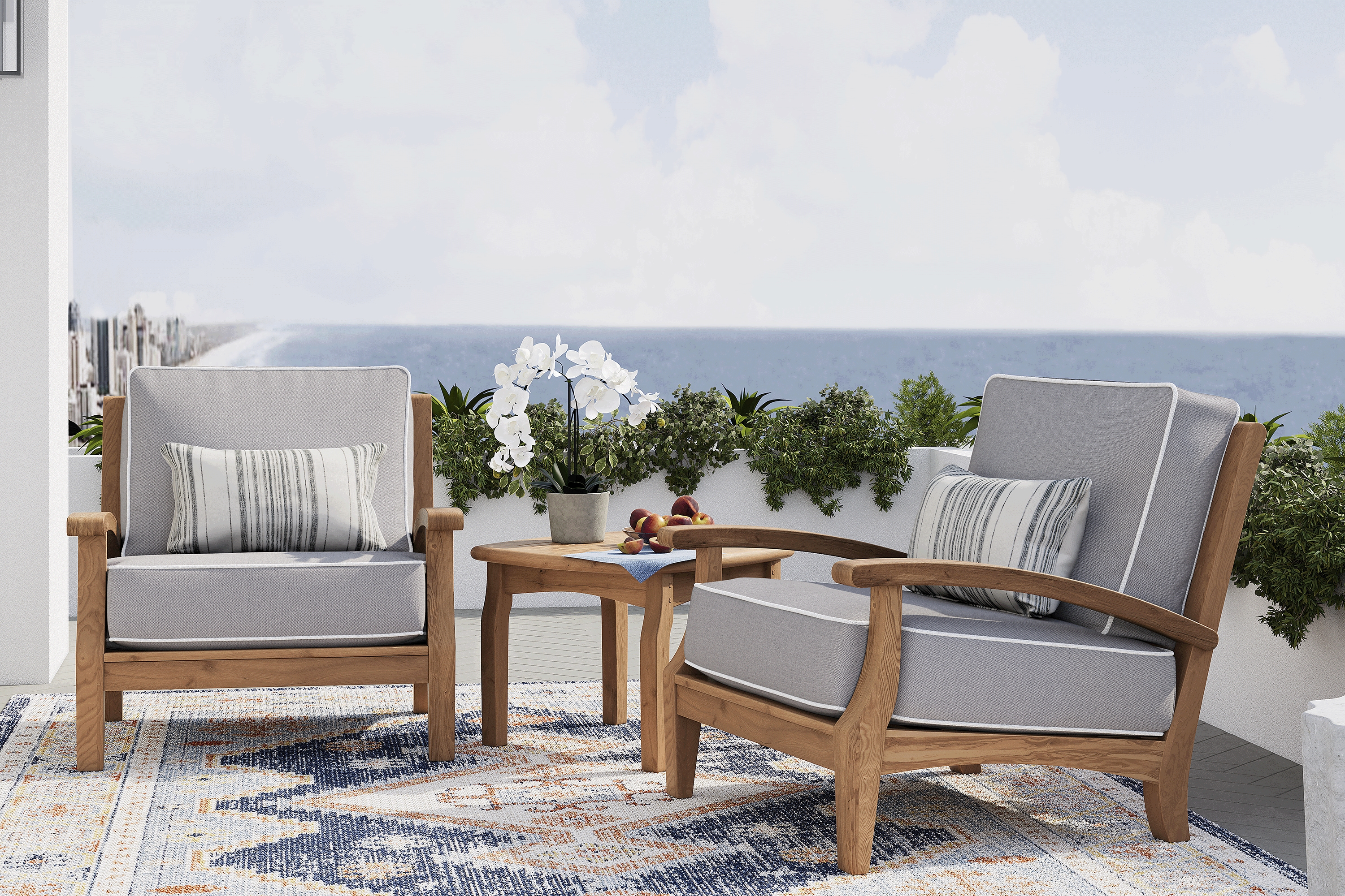 Pleasant Bay 3 Pc Teak Outdoor Seating Set with Pewter Cushions - Thumbnail - Image 1