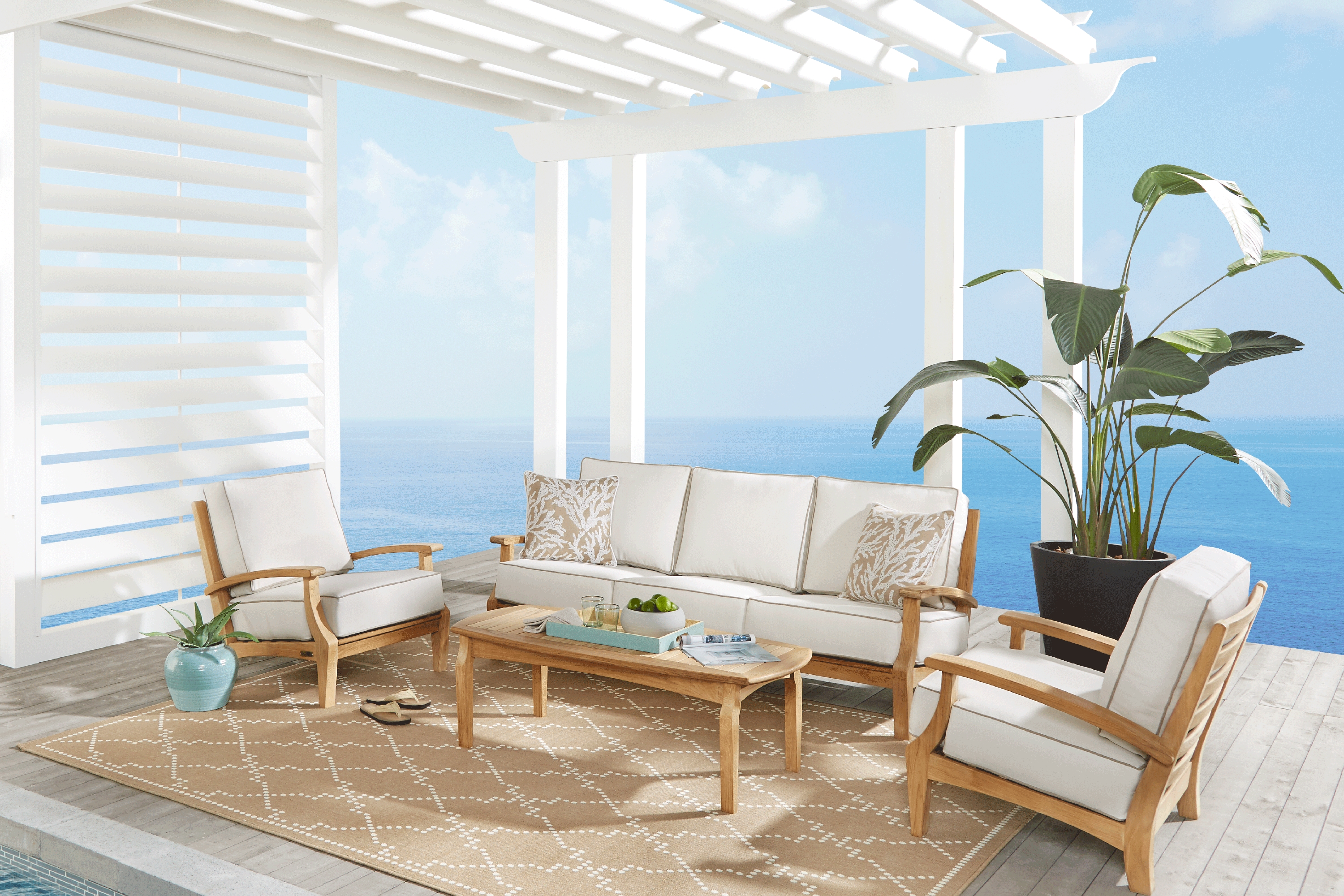 Pleasant Bay Teak 4 Pc Outdoor Seating Set with White Sand Cushions - Thumbnail - Image 1