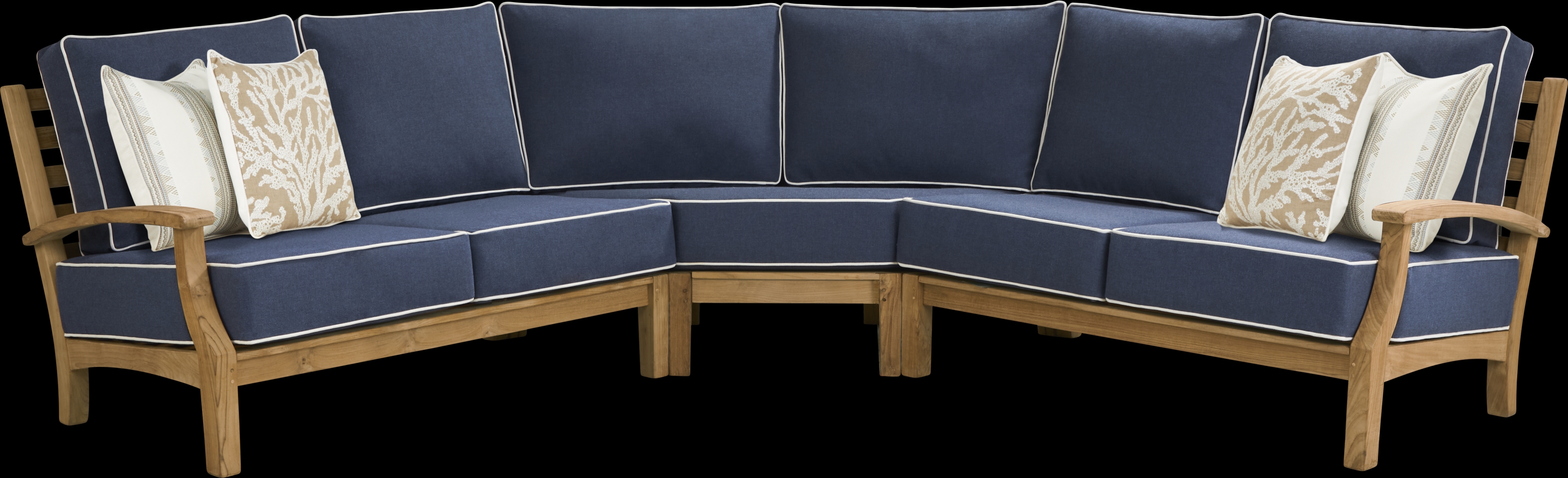 Pleasant Bay Teak 3 Pc Outdoor Sectional with Indigo Cushions - Thumbnail - Image 1