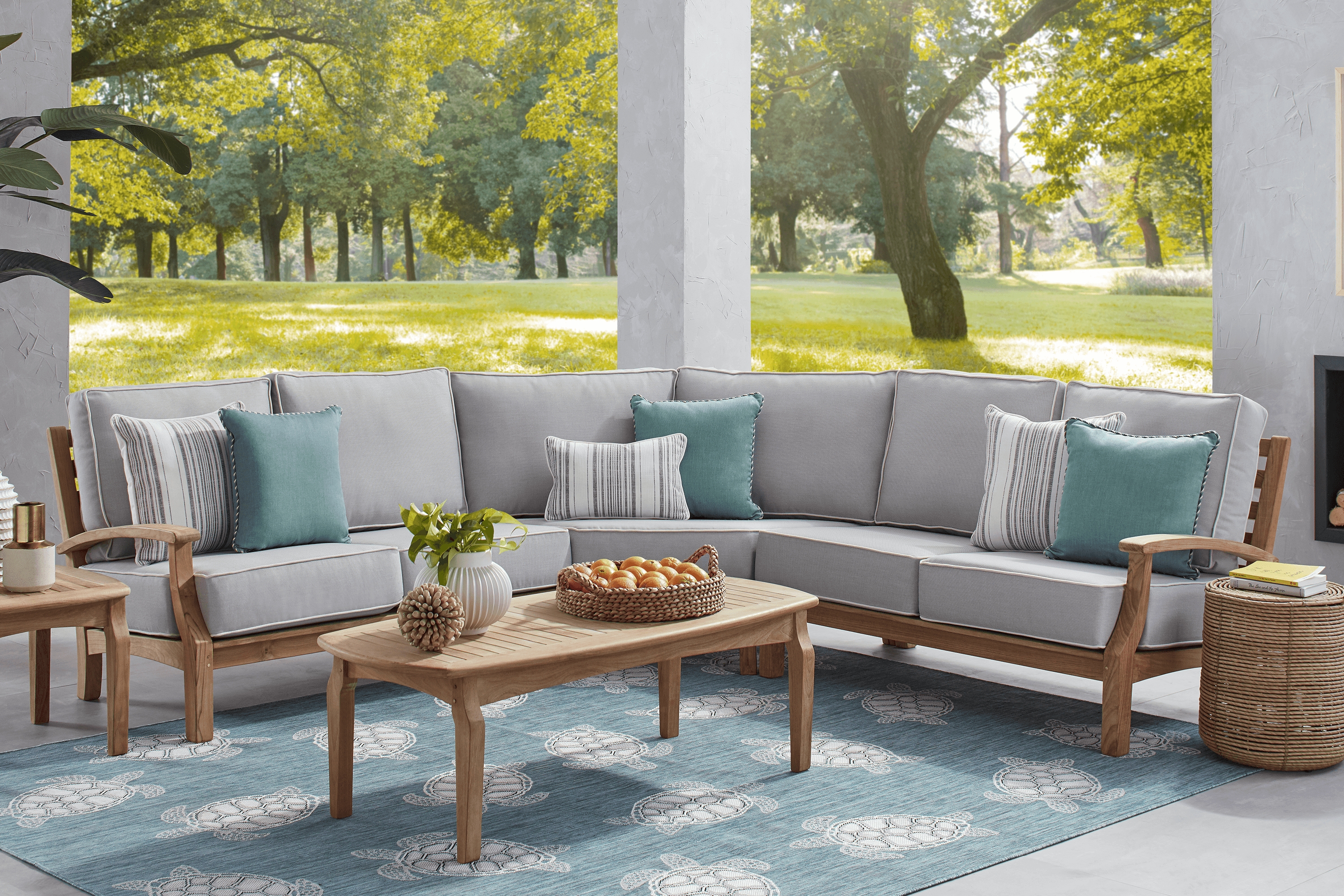 Pleasant Bay Teak 3 Pc Outdoor Sectional with Pewter Cushions - Thumbnail - Image 2