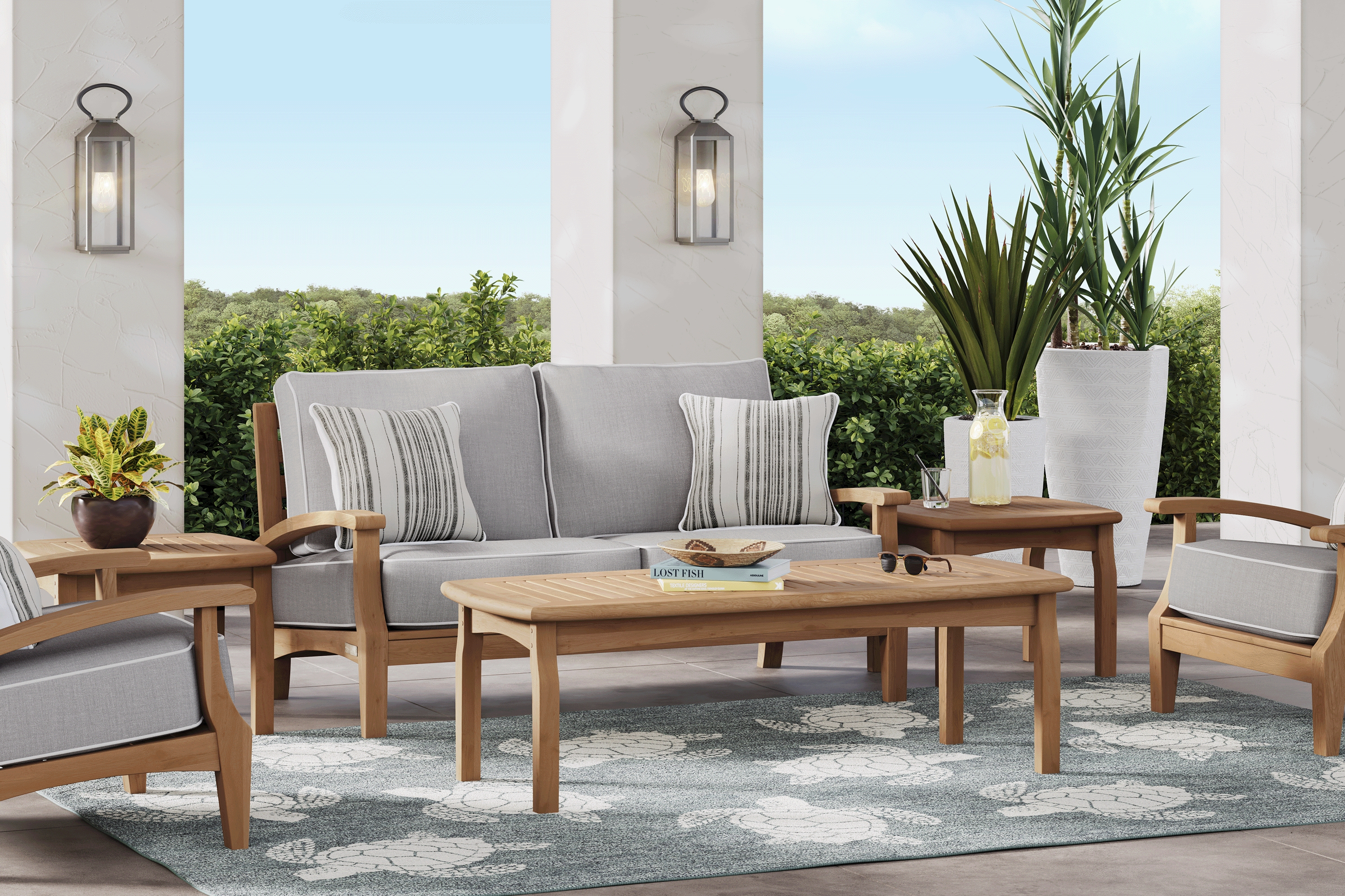 Pleasant Bay Teak 4 Pc Outdoor Loveseat Seating Set with Pewter Cushions - Thumbnail - Image 1