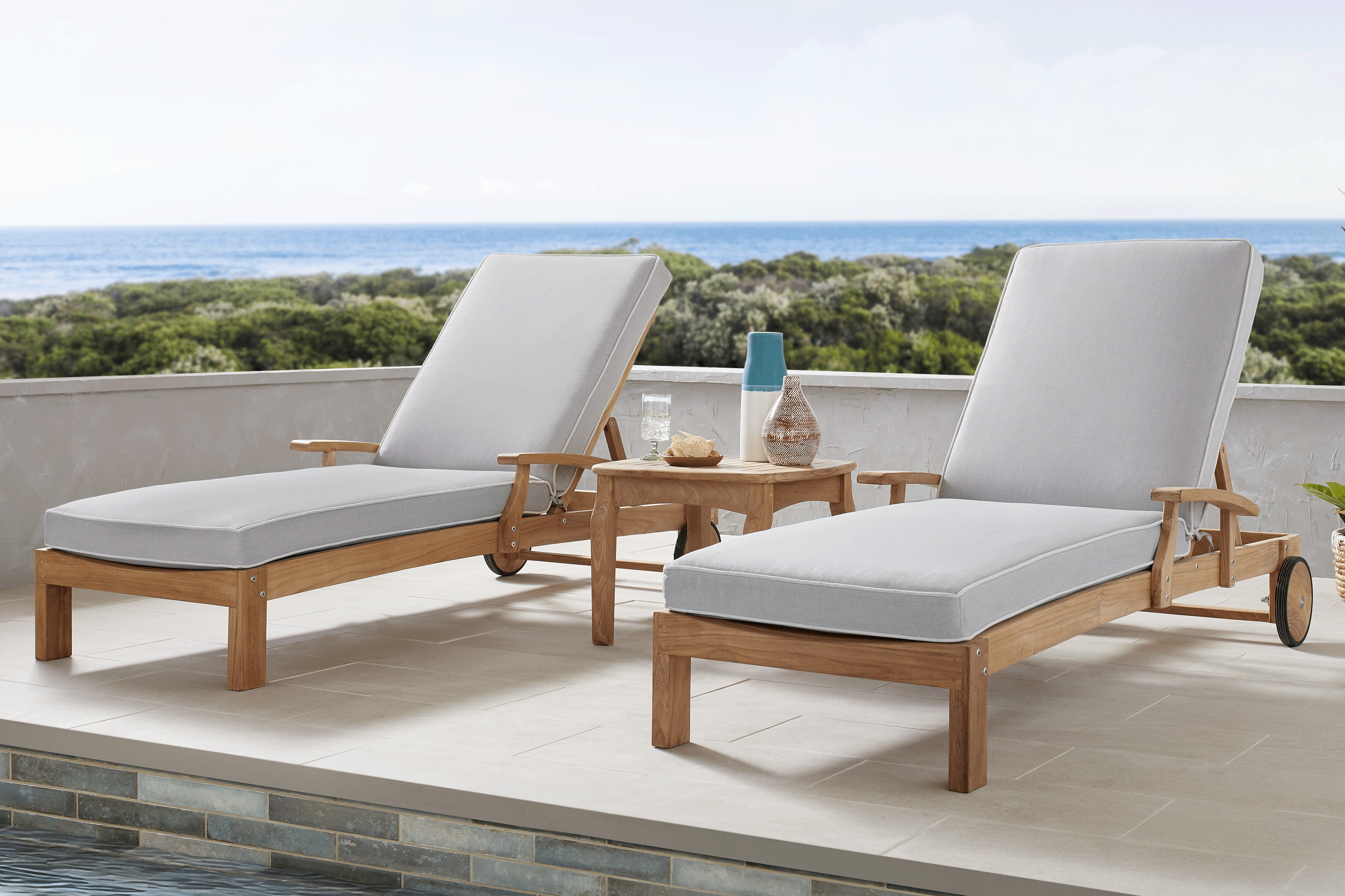 Pleasant Bay Teak Outdoor Chaise with Pewter Cushions, Set of 2 - Thumbnail - Image 2
