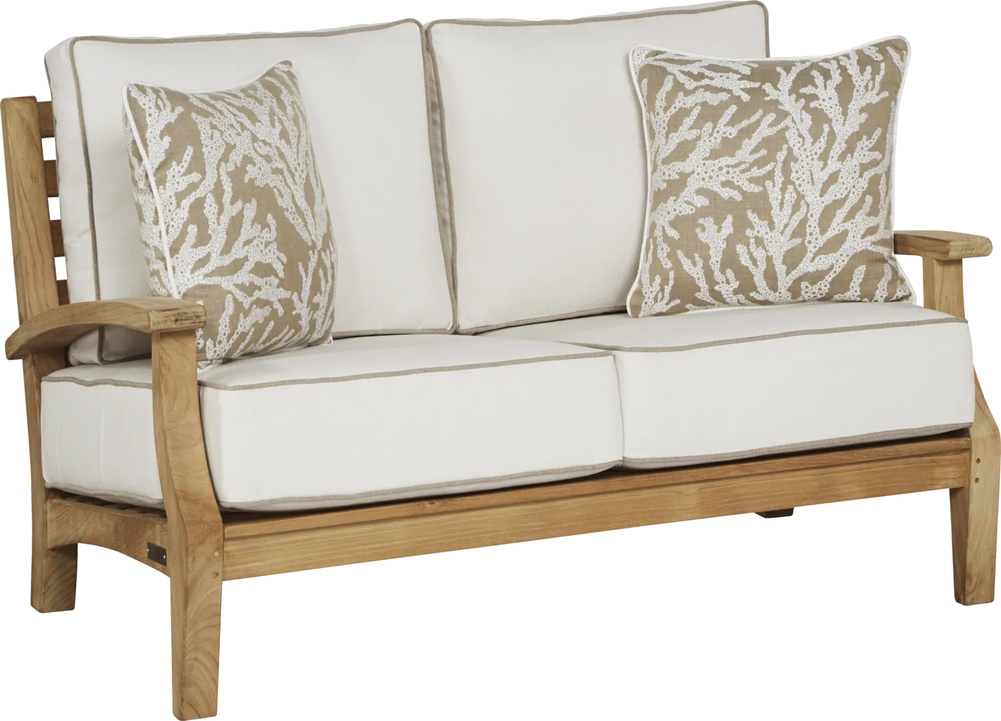 Pleasant Bay Teak Outdoor Loveseat with White Sand Cushions - Thumbnail - Image 1