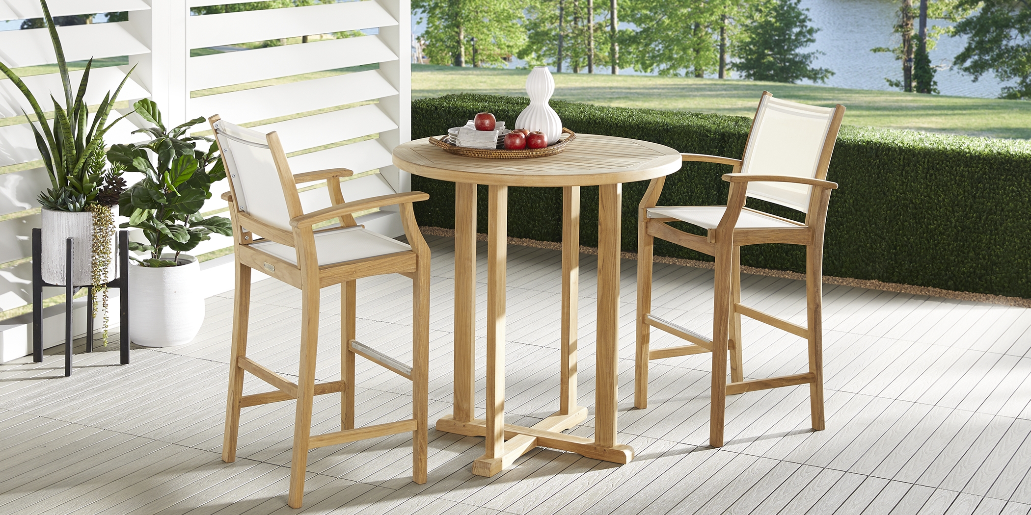 Pleasant Bay Teak Tan 3 Pc Outdoor Bar Set with Sling Stools - Thumbnail - Image 1