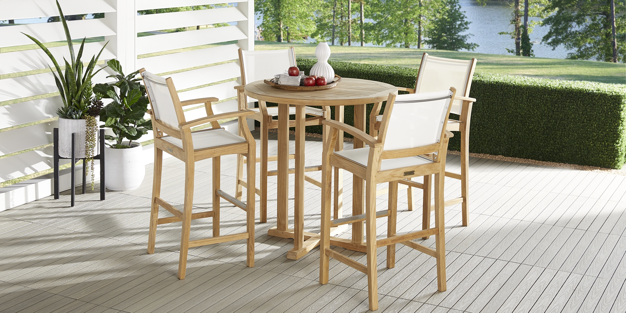 Pleasant Bay Teak Tan 5 Pc Outdoor Bar Set with Sling Stools - Thumbnail - Image 1