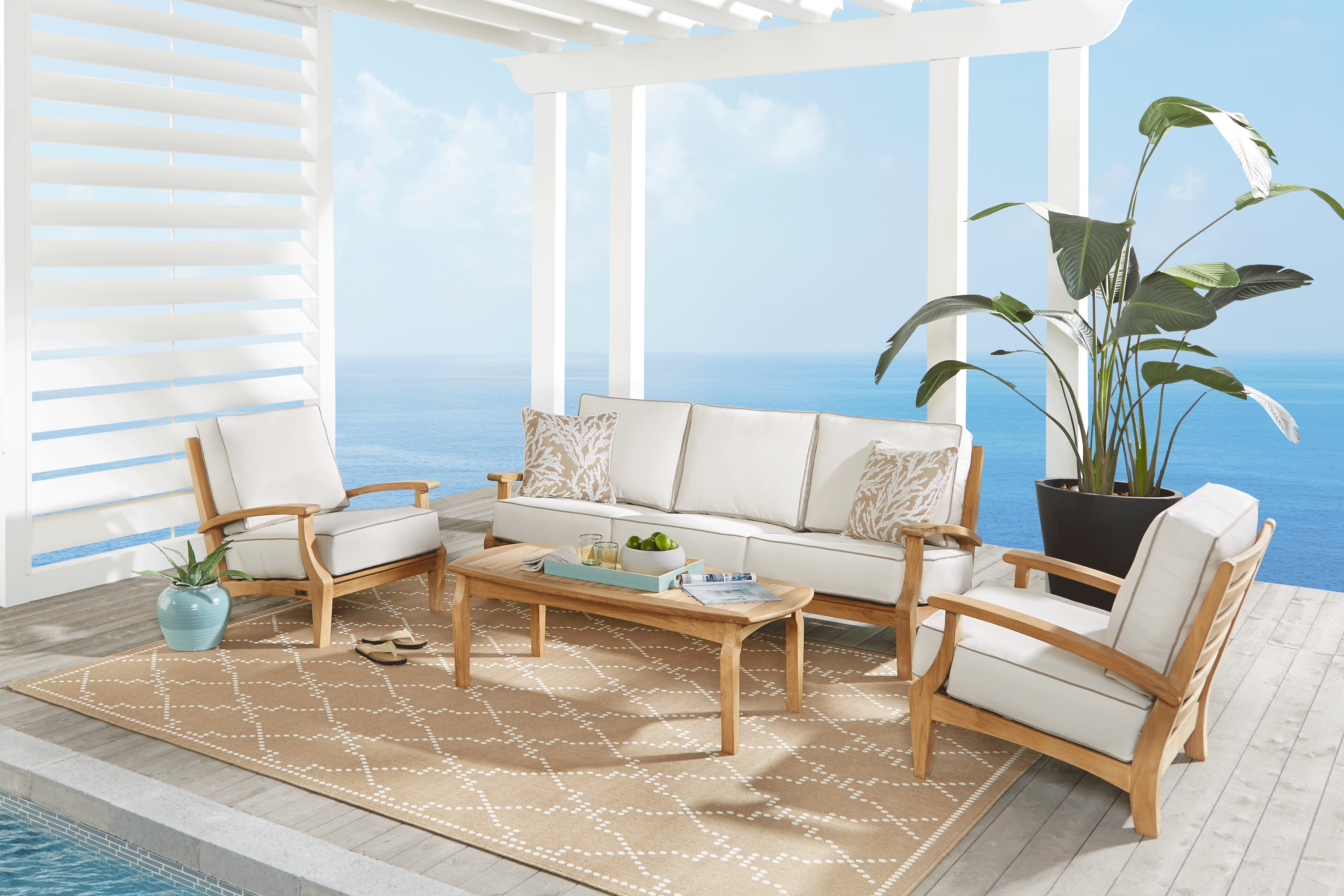 Pleasant Bay Teak 6 Pc Outdoor Seating Set with White Sand Cushions - Thumbnail - Image 1