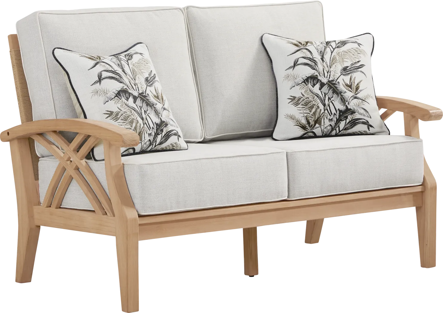 Pleasant Bay Woven Teak Outdoor Loveseat with Dove Cushions - Thumbnail - Image 2