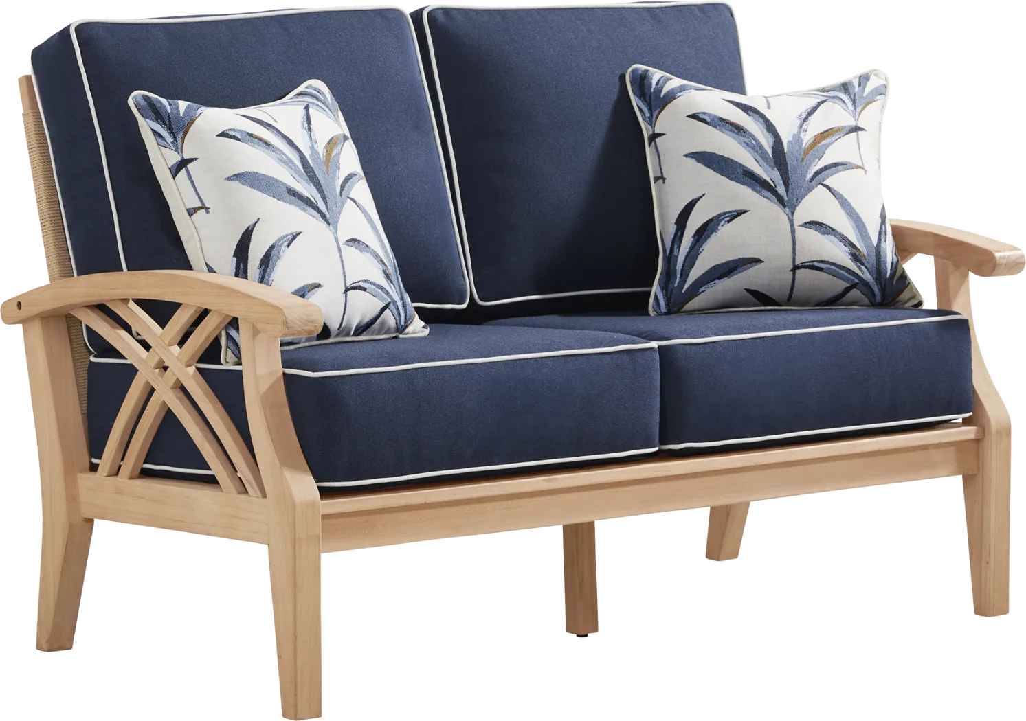 Pleasant Bay Woven Teak Outdoor Loveseat with Indigo Cushions - Thumbnail - Image 2