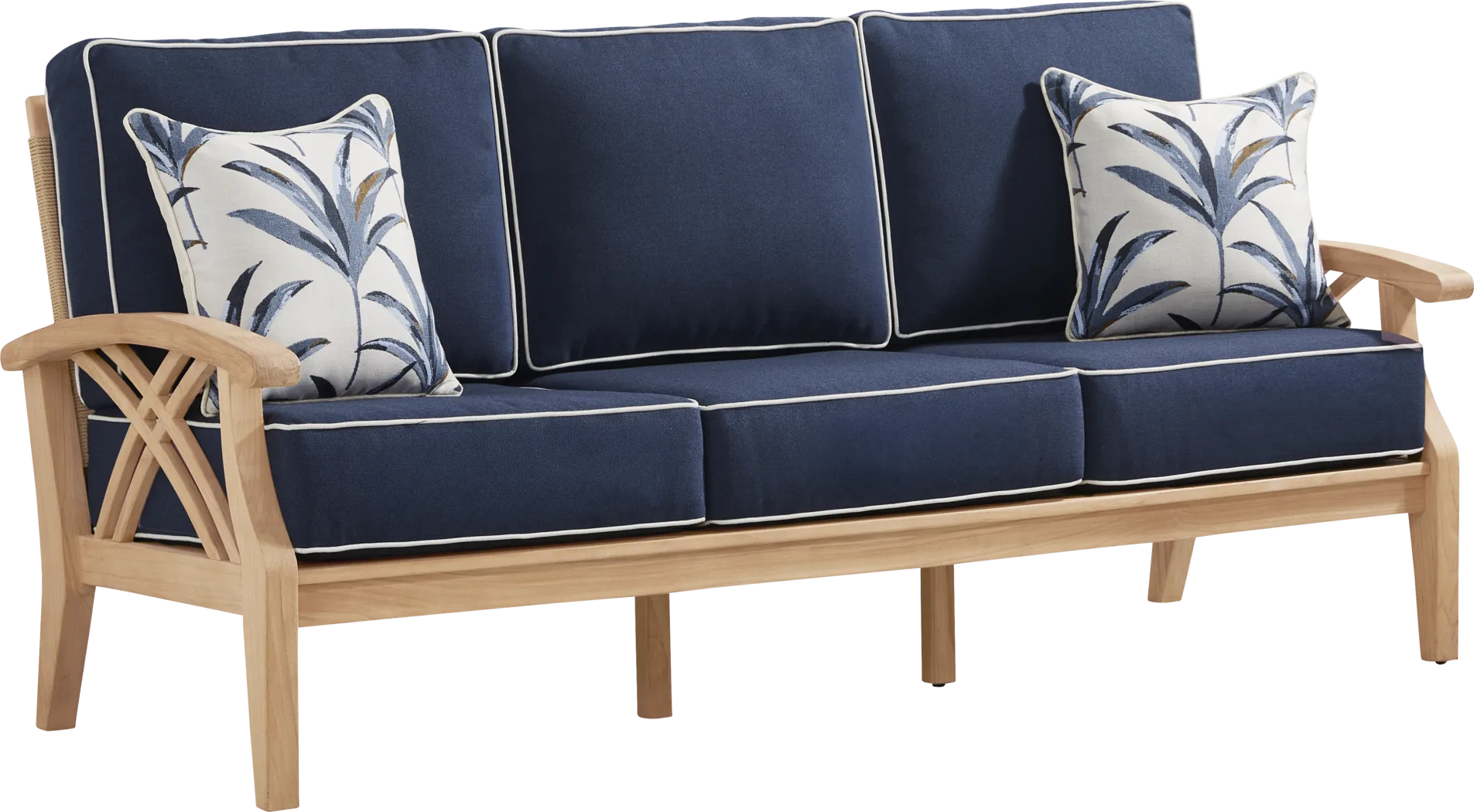 Pleasant Bay Woven Teak Outdoor Sofa with Indigo Cushions - Thumbnail - Image 2