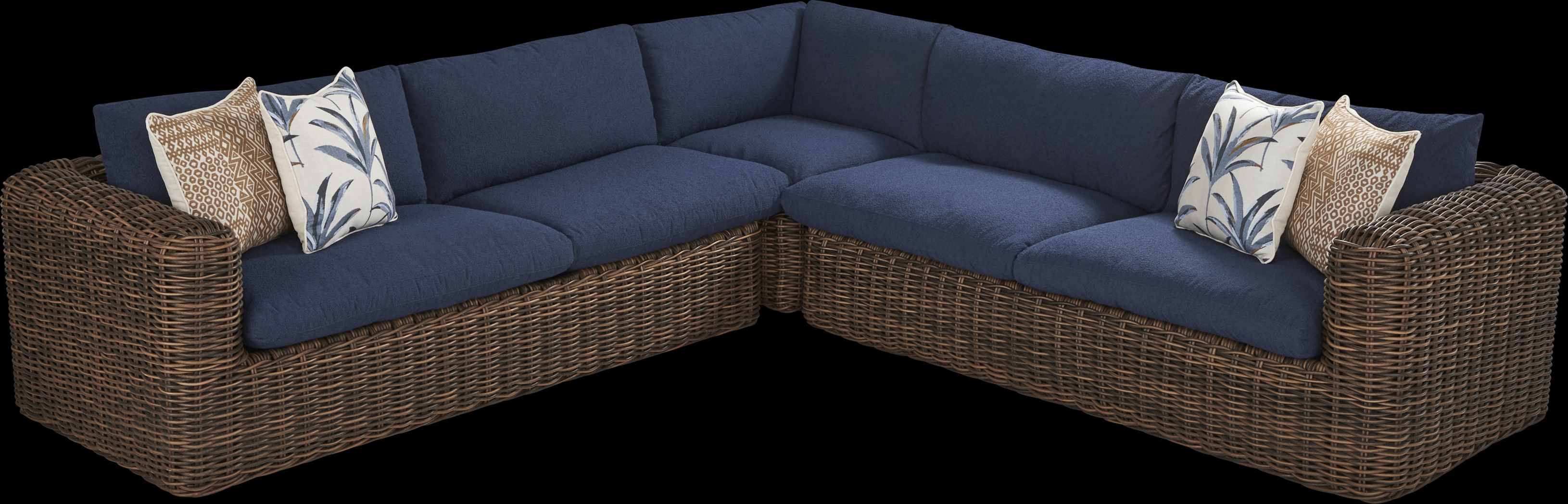 Plume Brown 3 Pc Outdoor Sectional with Navy Cushions - Thumbnail - Image 1