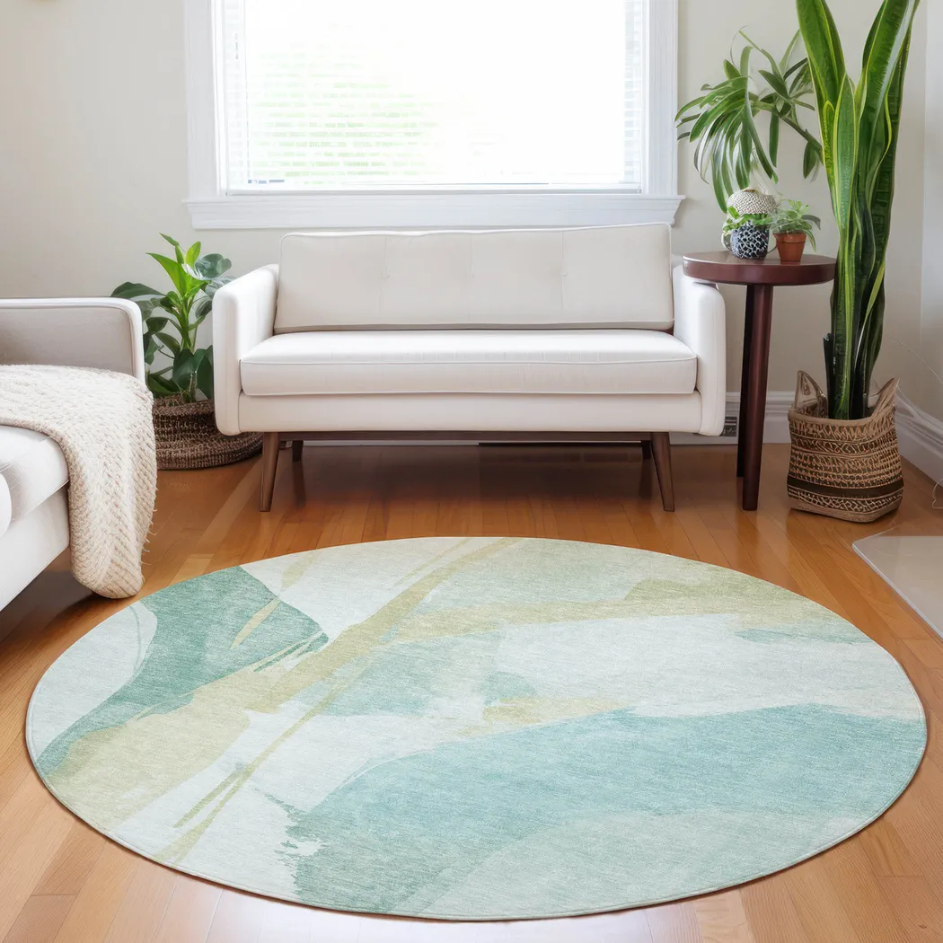 Pratin Teal 8' Round Machine Washable Rug - Thumbnail - Image 2