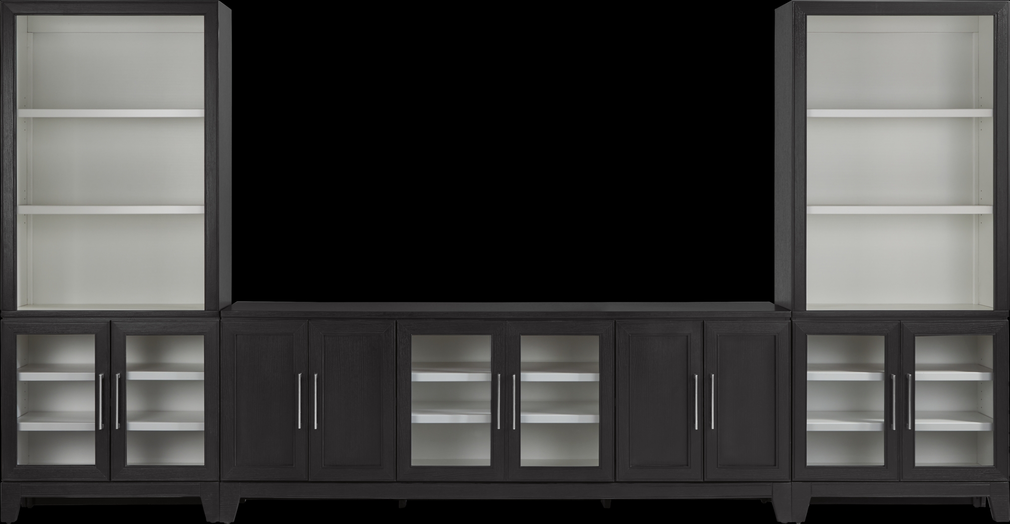 Providence Estates Black 3 Pc Wall Unit with 86 in. Console and Glass Doors - Thumbnail - Image 1
