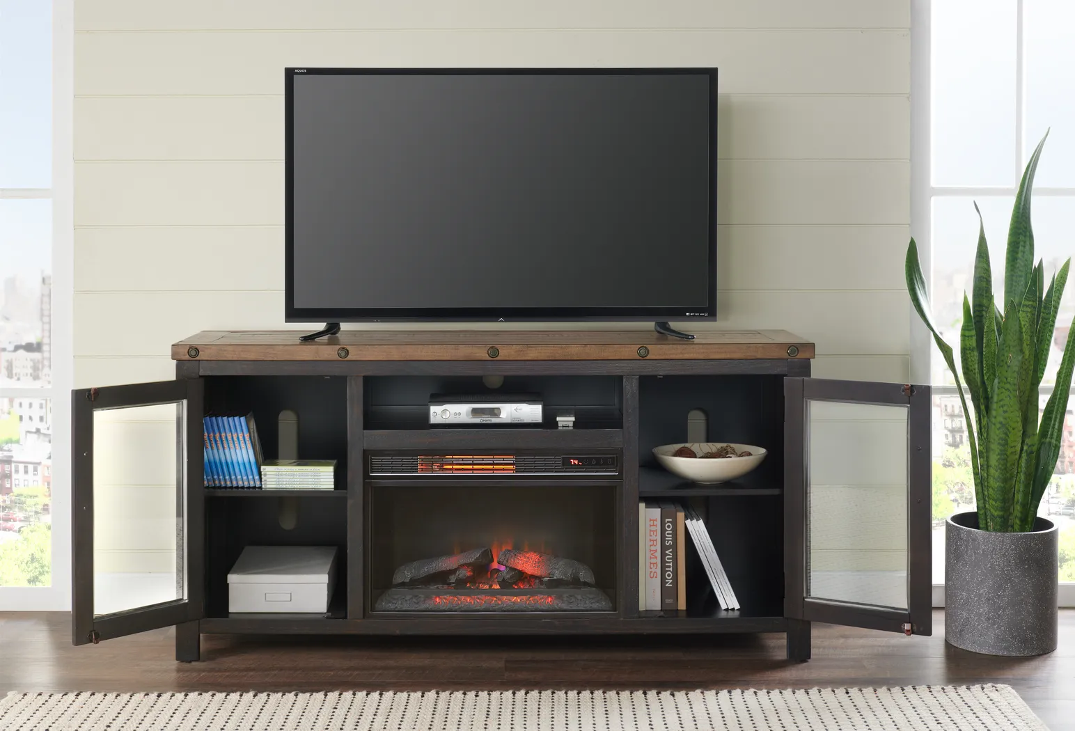 Recton Brown 65 in. Console With Electric Fireplace - Thumbnail - Image 3