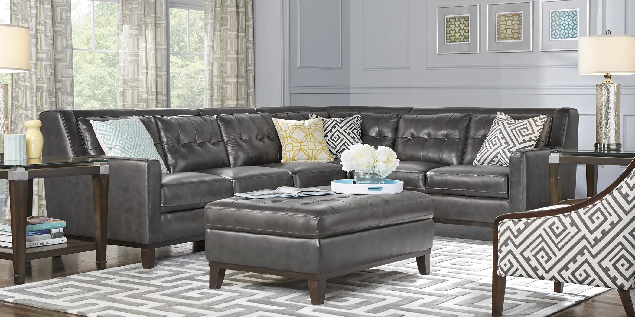 Reina Gray Leather 7 Pc Sectional Living Room - Thumbnail - Image 1