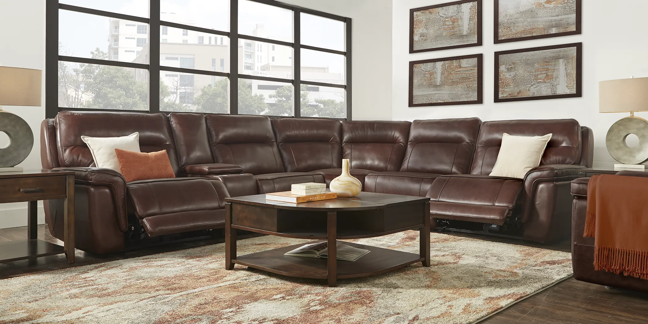 Renzo Brown Leather 6 Pc Dual Power Reclining Sectional - Thumbnail - Image 2