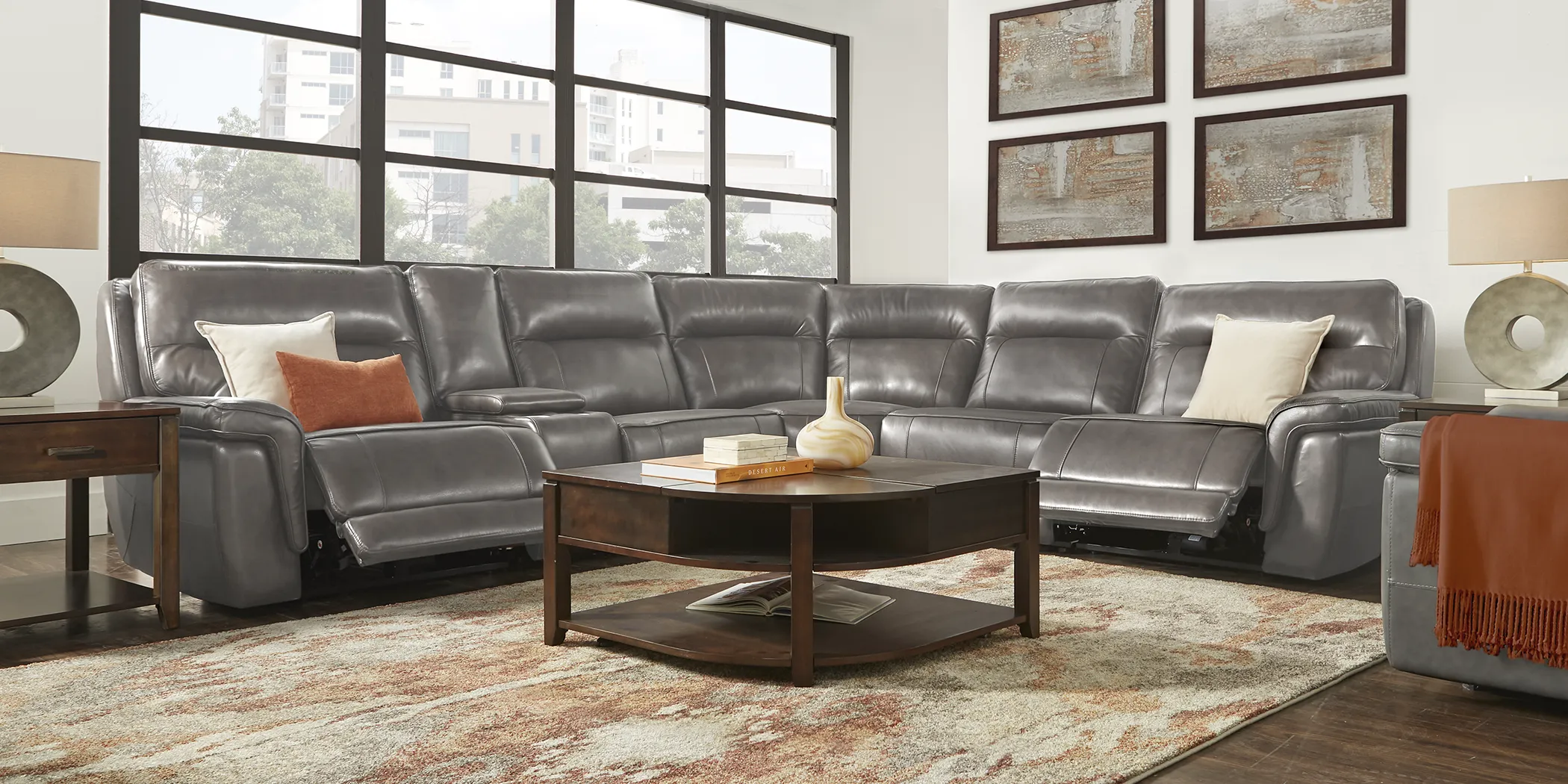 Renzo Gray Leather 6 Pc Dual Power Reclining Sectional - Thumbnail - Image 2
