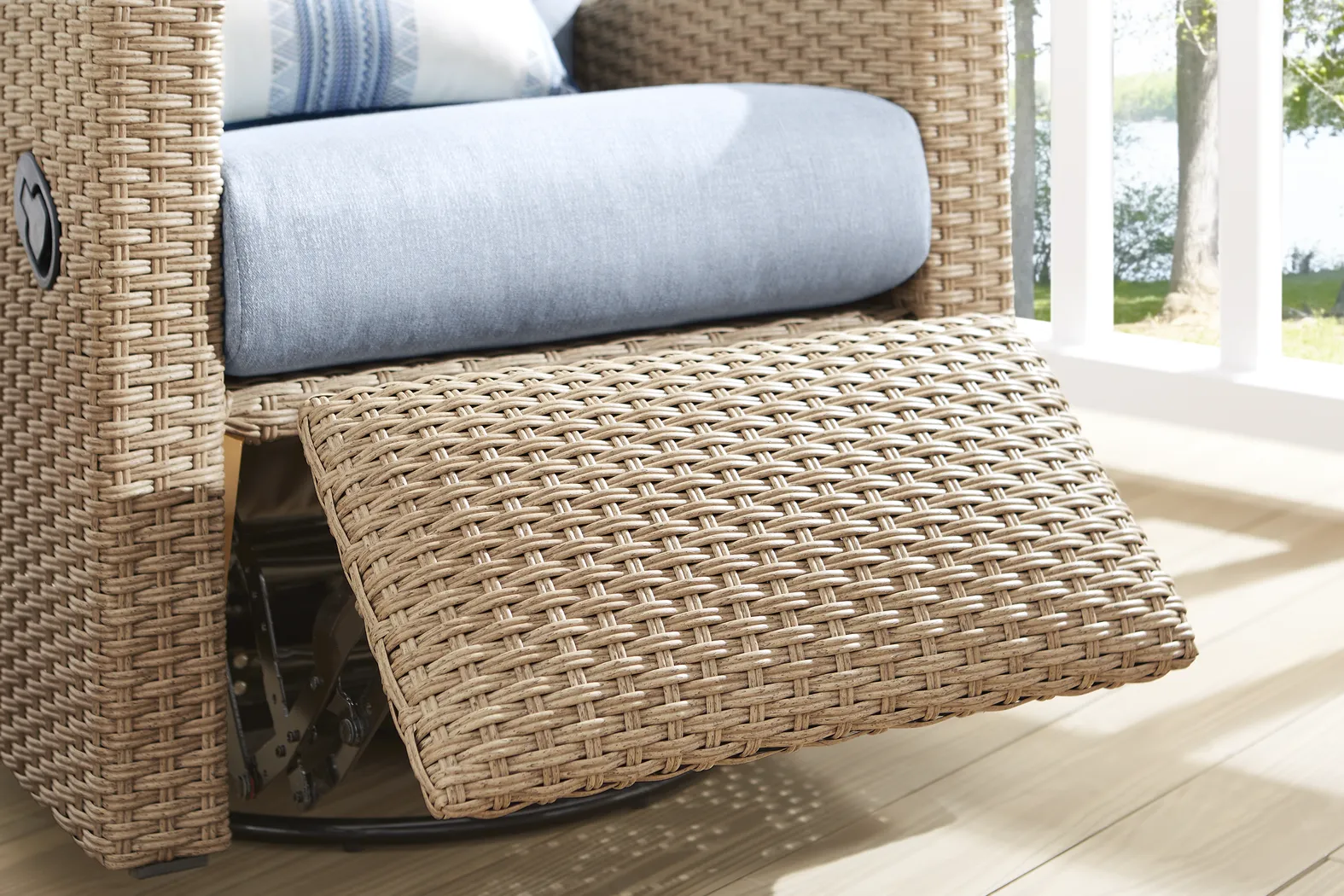Ria Natural Outdoor Glider Recliner with Blue Cushions - Image 6
