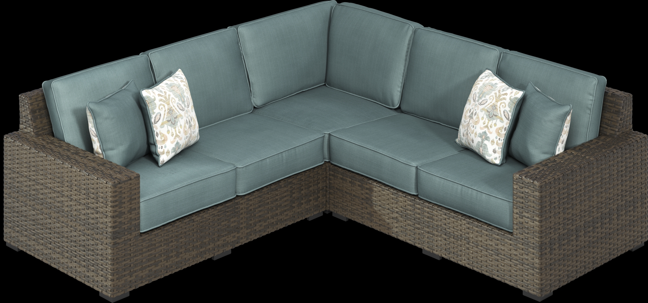 Rialto Brown 3 Pc Outdoor Sectional with Aqua Cushions - Thumbnail - Image 4