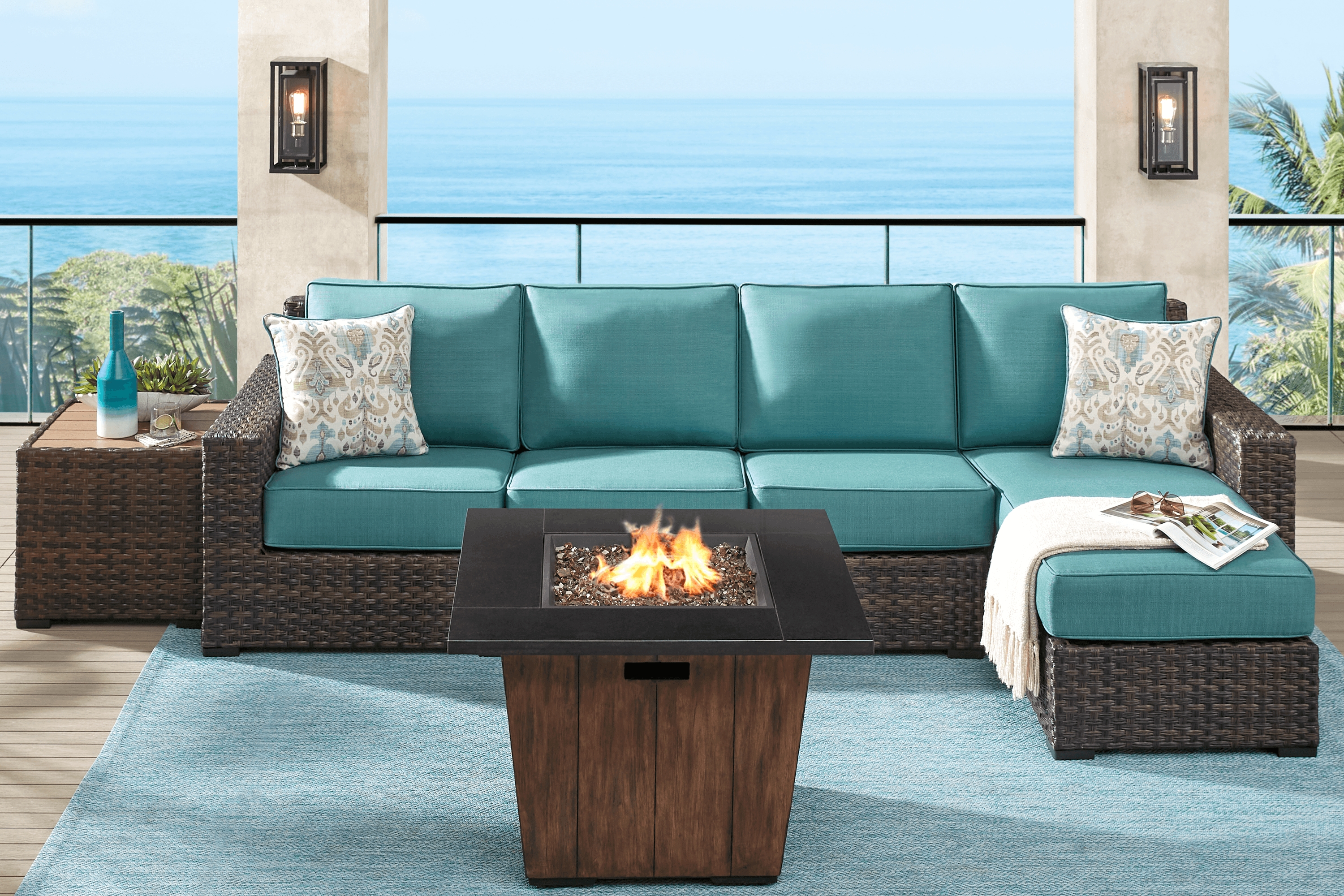 Rialto Brown 3 Pc Outdoor Sectional with Aqua Cushions - Thumbnail - Image 2