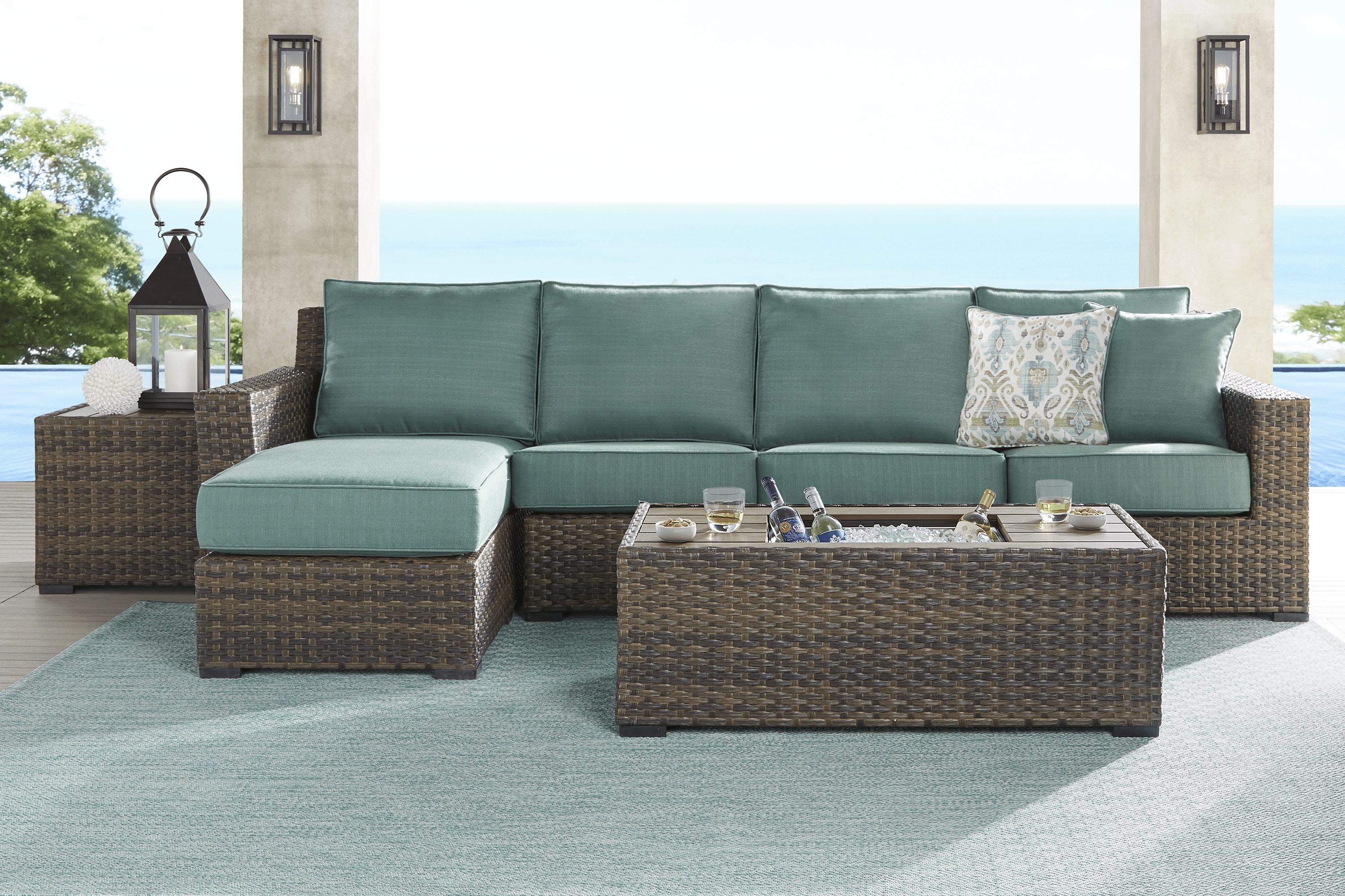 Rialto Brown 3 Pc Outdoor Sectional with Aqua Cushions - Thumbnail - Image 2