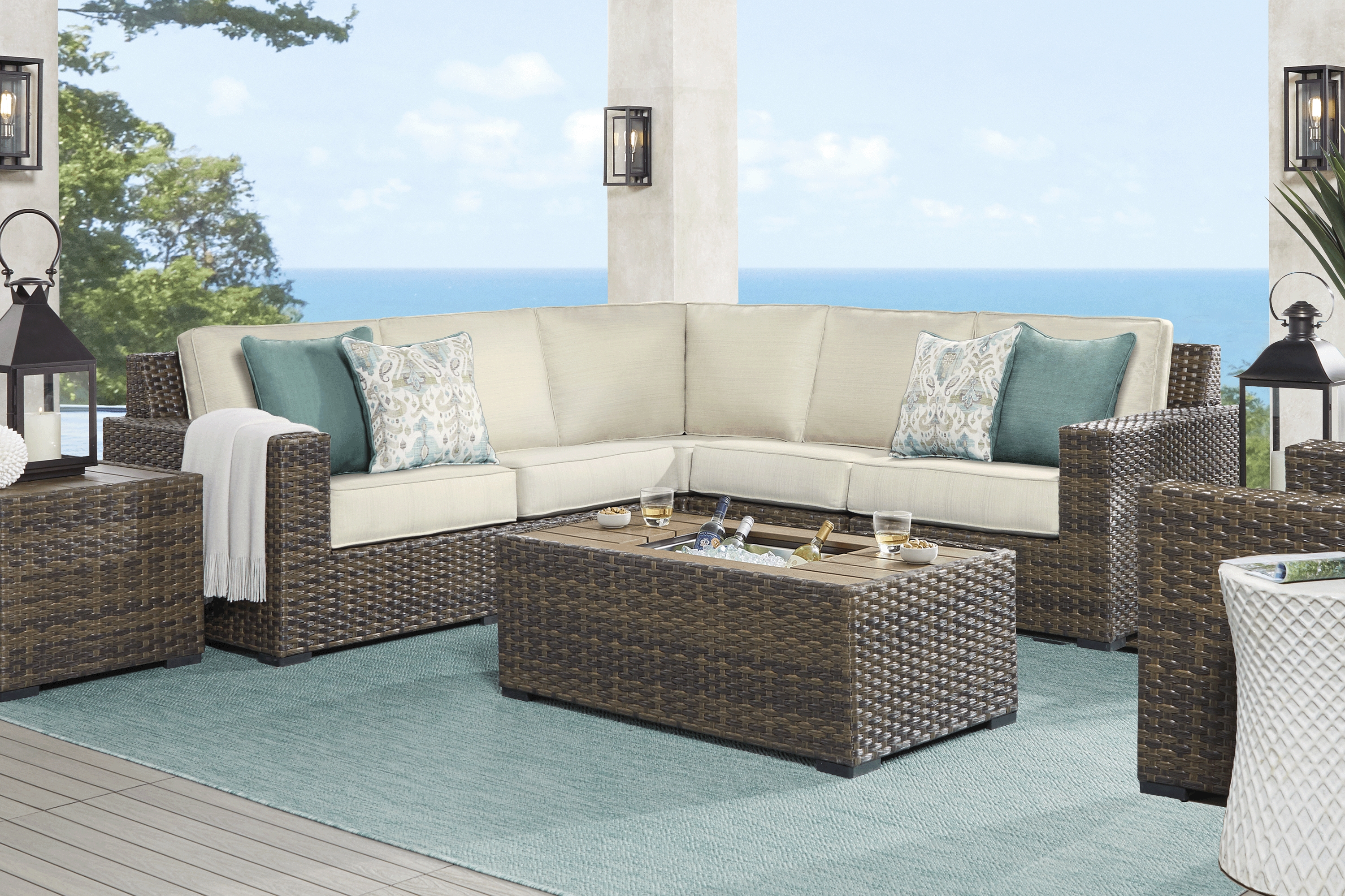 Rialto Brown 3 Pc Outdoor Sectional with Putty Cushions - Thumbnail - Image 2