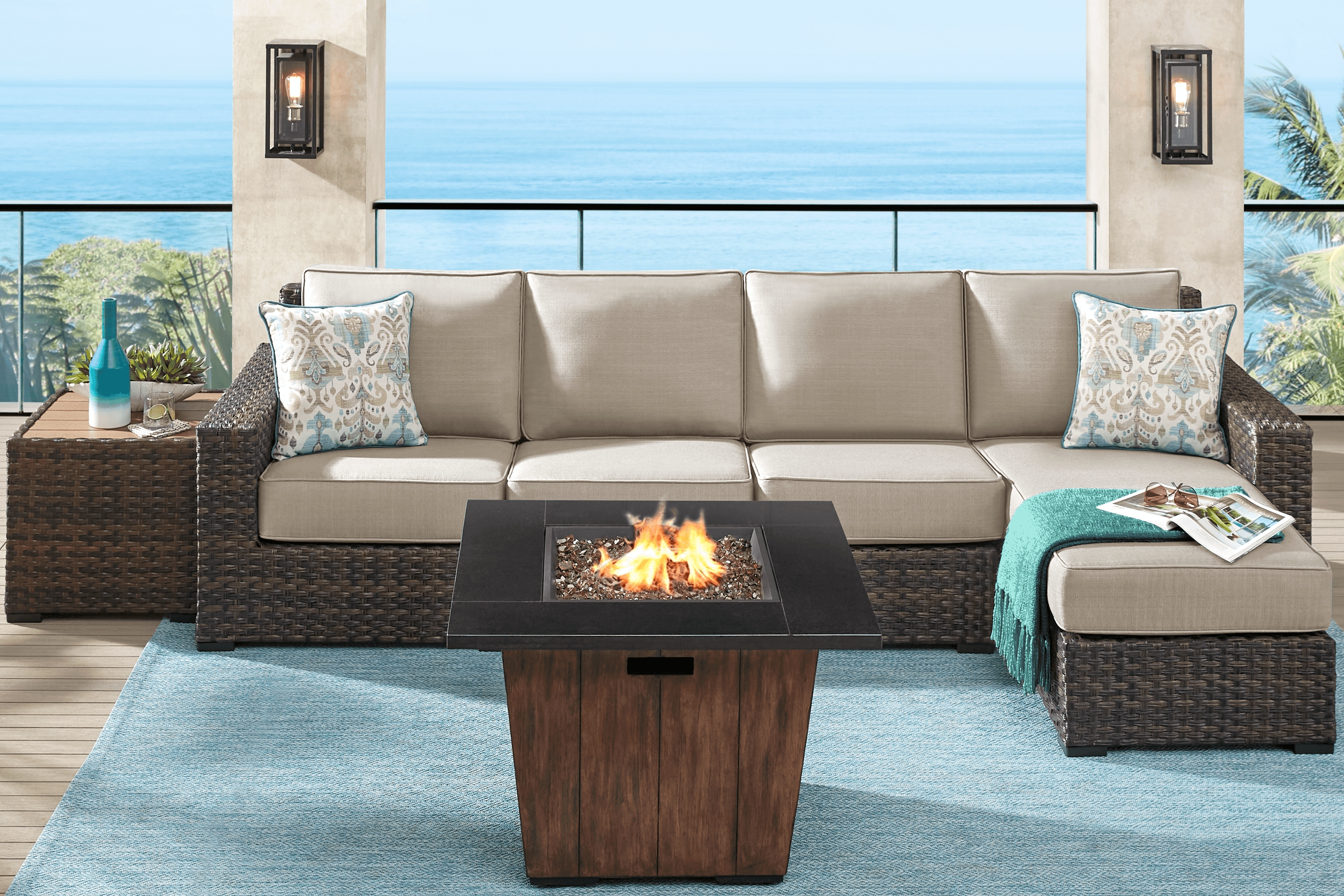 Rialto Brown 3 Pc Outdoor Sectional with Putty Cushions - Thumbnail - Image 2