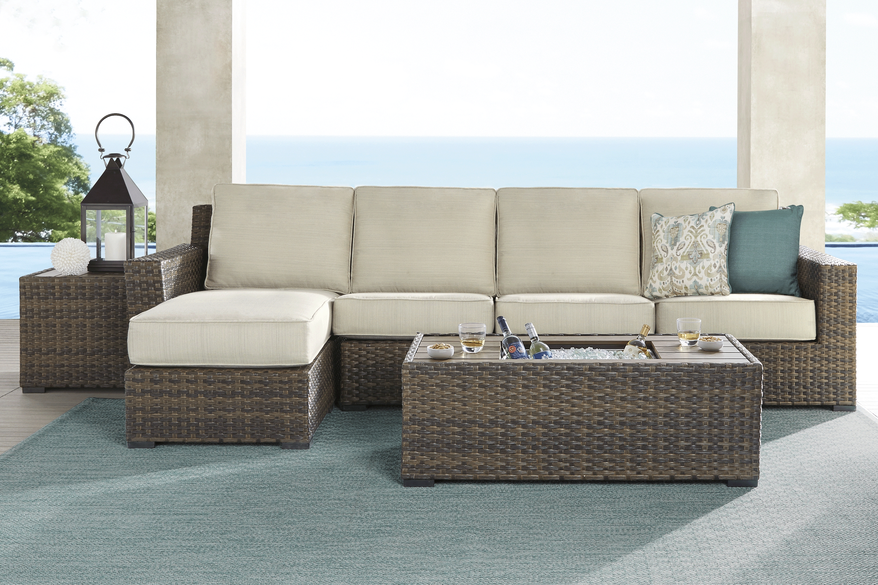Rialto Brown 3 Pc Outdoor Sectional with Putty Cushions - Thumbnail - Image 2