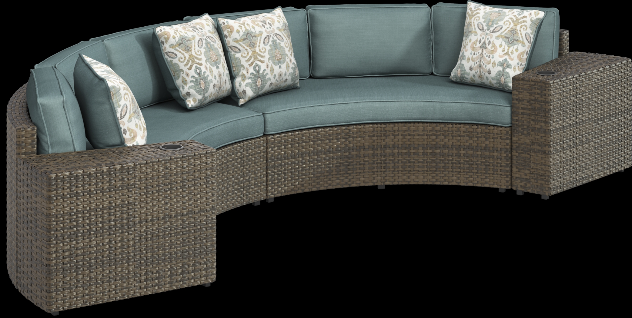 Rialto Brown 4 Pc Curved Outdoor Sectional with Aqua Cushions - Thumbnail - Image 3