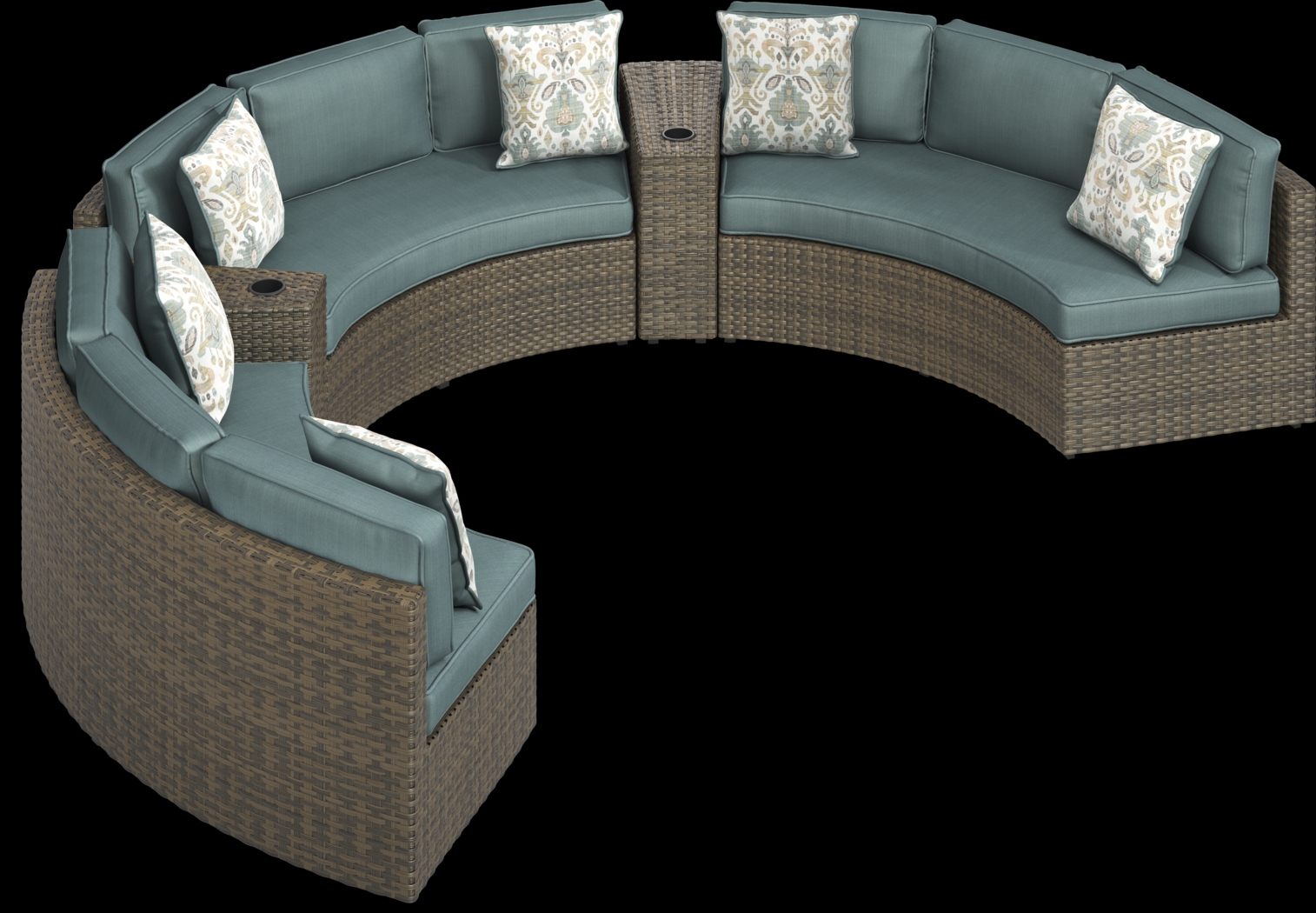 Rialto Brown 5 Pc Curved Outdoor Sectional with Aqua Cushions - Thumbnail - Image 3