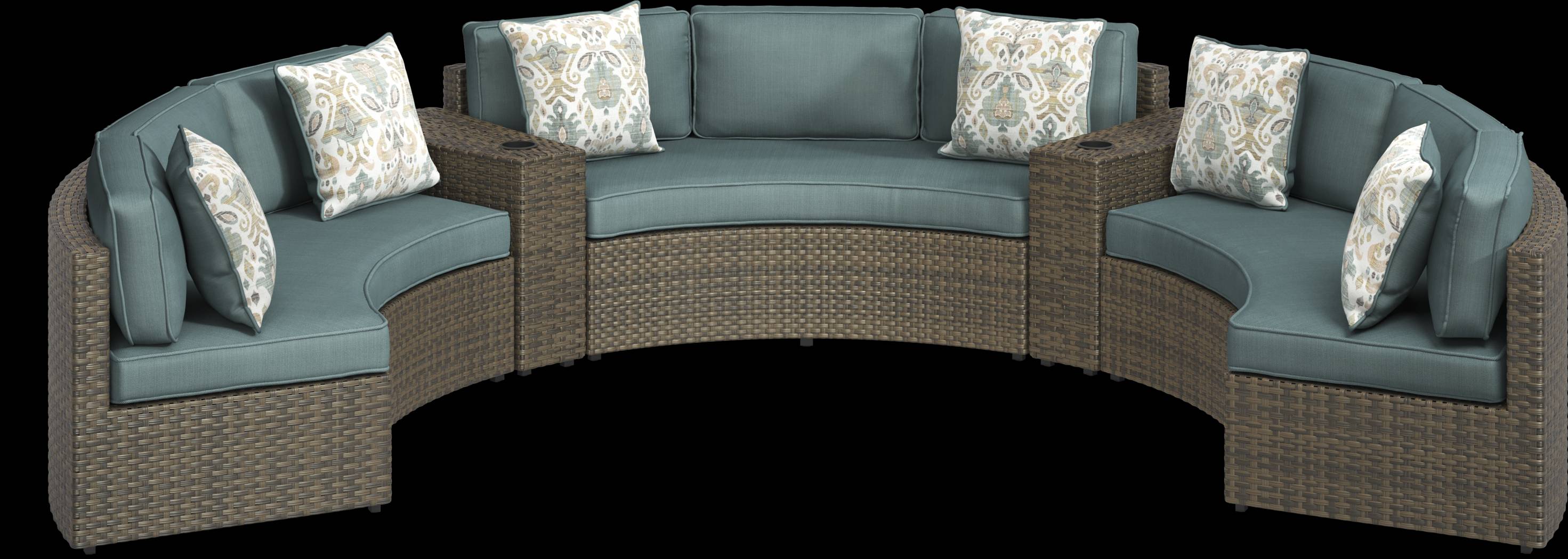 Rialto Brown 5 Pc Curved Outdoor Sectional with Aqua Cushions - Thumbnail - Image 1