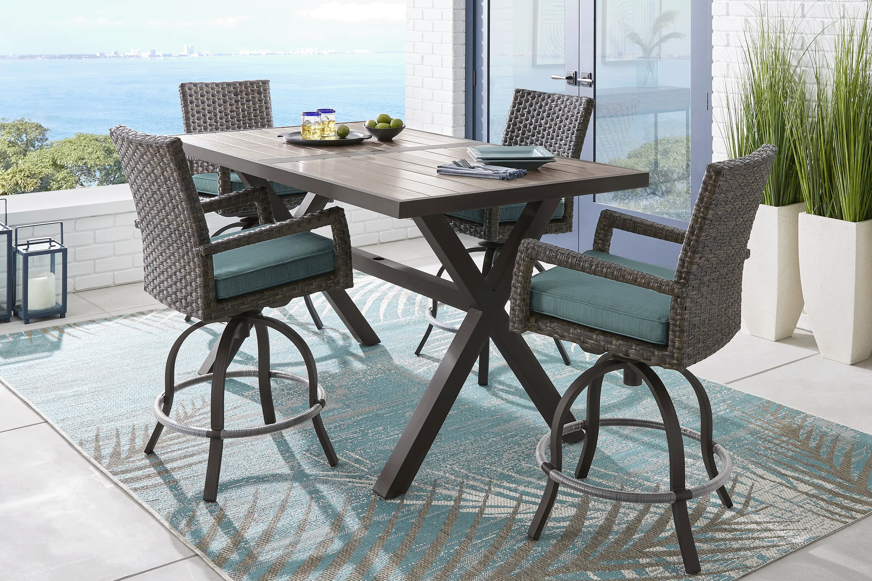 Rialto Brown 5 Pc Rectangle Outdoor Bar Height Dining Set with Aqua Cushions - Thumbnail - Image 1