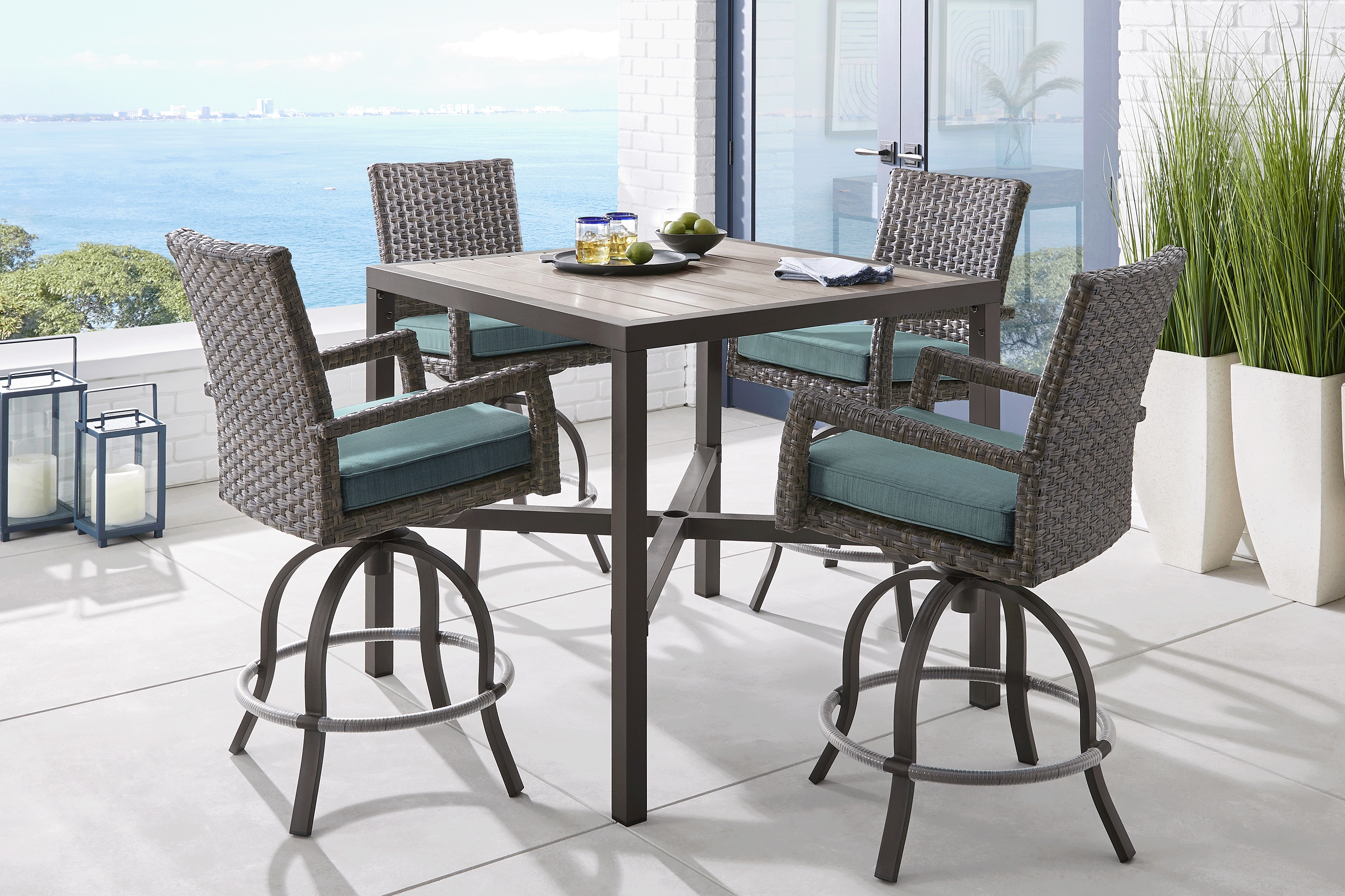 Rialto Brown 5 Pc Square Outdoor Bar Height Dining Set with Aqua Cushions - Thumbnail - Image 1